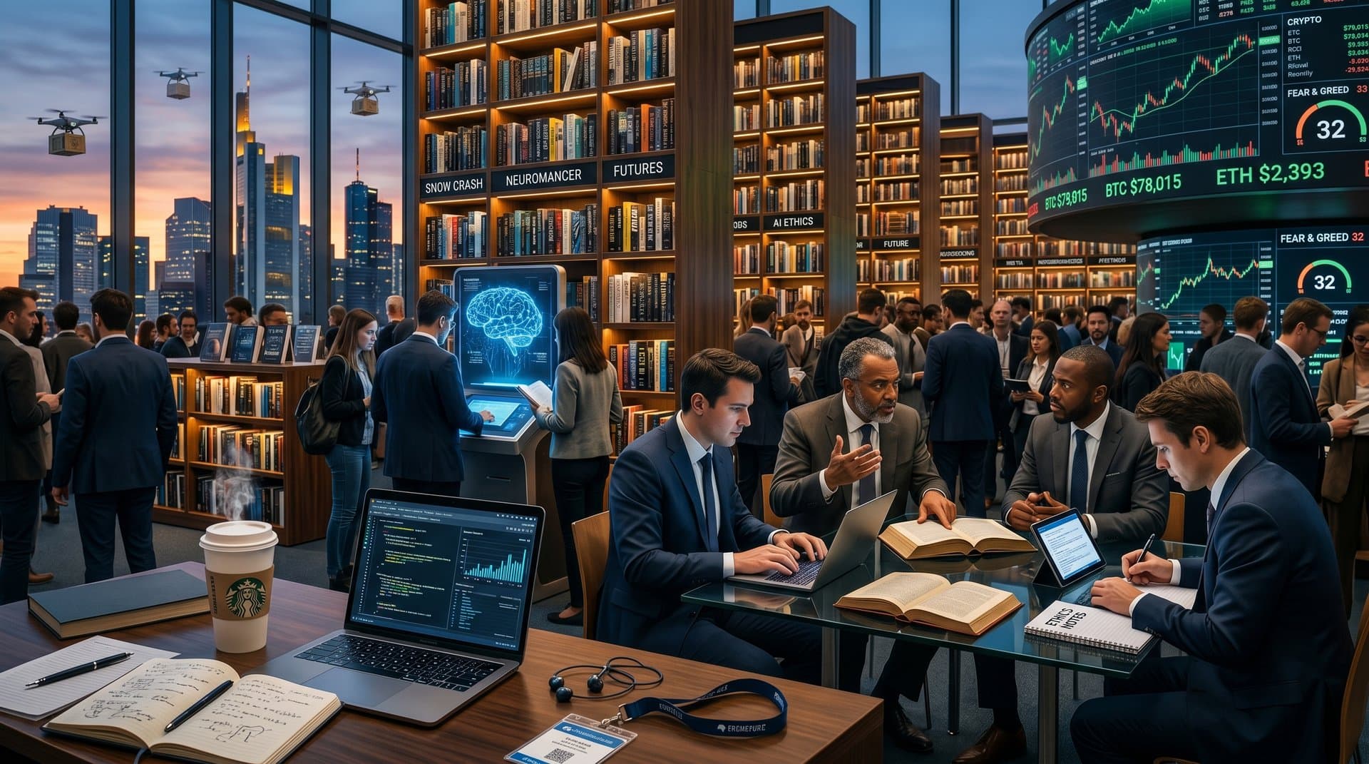 Abstrakte Bibliotheksszene mit KI-Netzwerken aus Büchern und Crypto-Charts