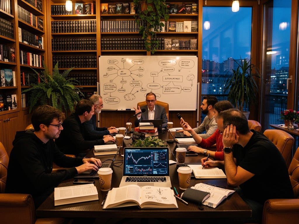 Literarischer Salon mit Büchern zu KI-Romanen, Crypto-Charts auf Laptop und diskutierenden Silhouetten in gemütlichem Ambiente