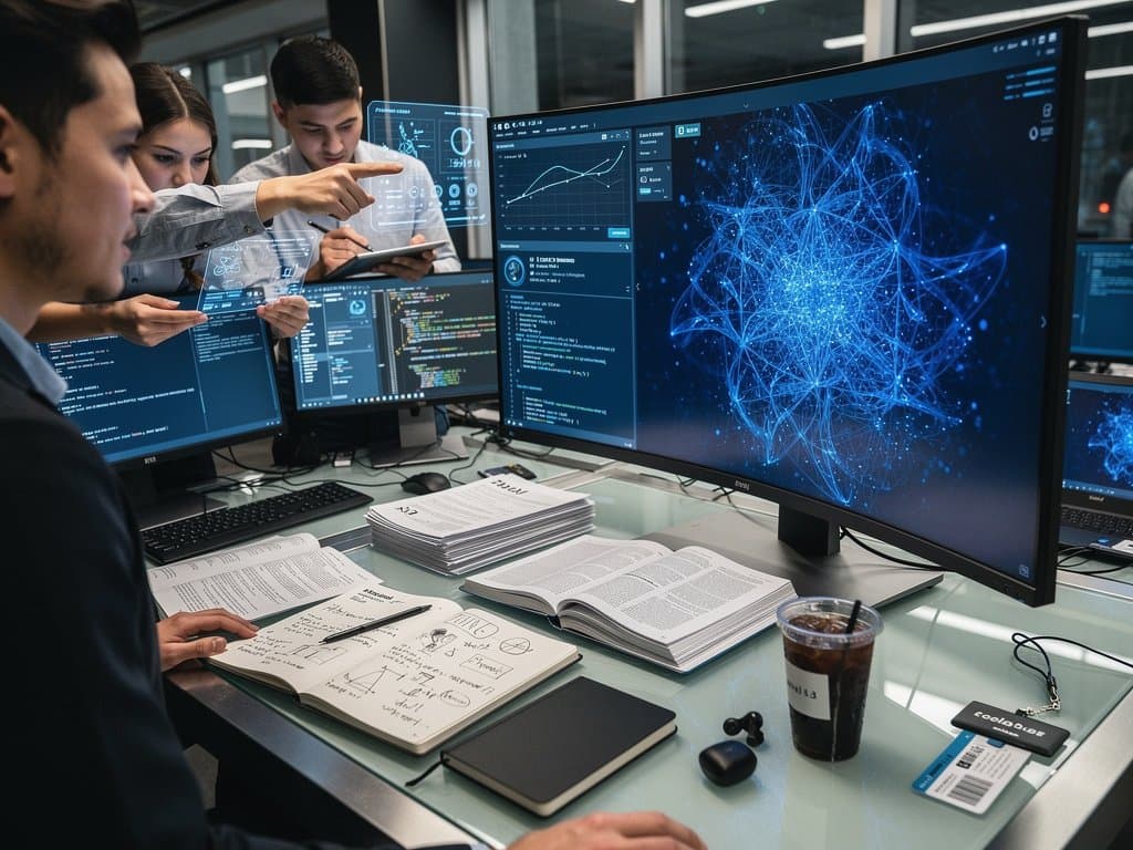 Futuristisches KI-Labor mit Neuralnetzwerken, Papers, Crypto-Charts und Servern