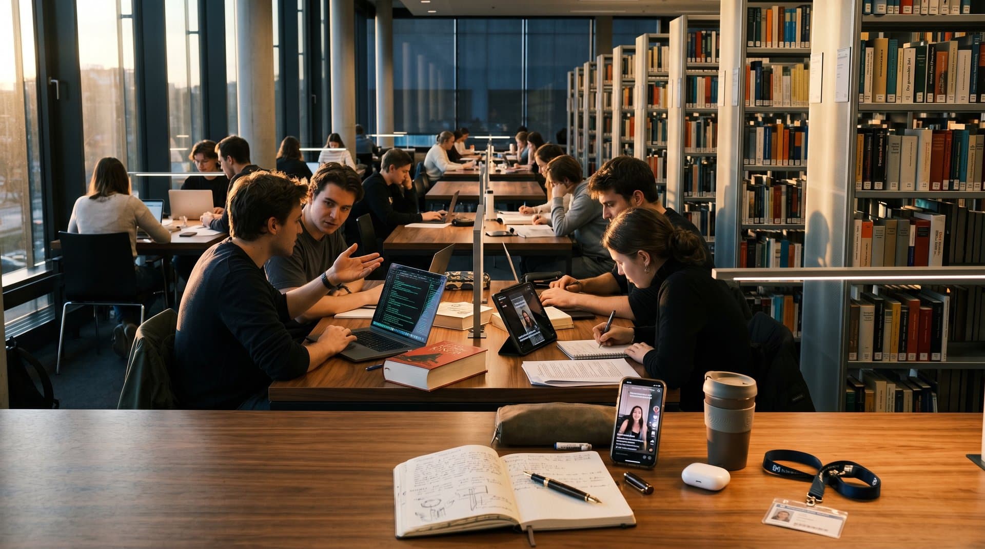 Futuristische Universitätsbibliothek mit KI-Texten, BookTok-Trends und klassischen Büchern