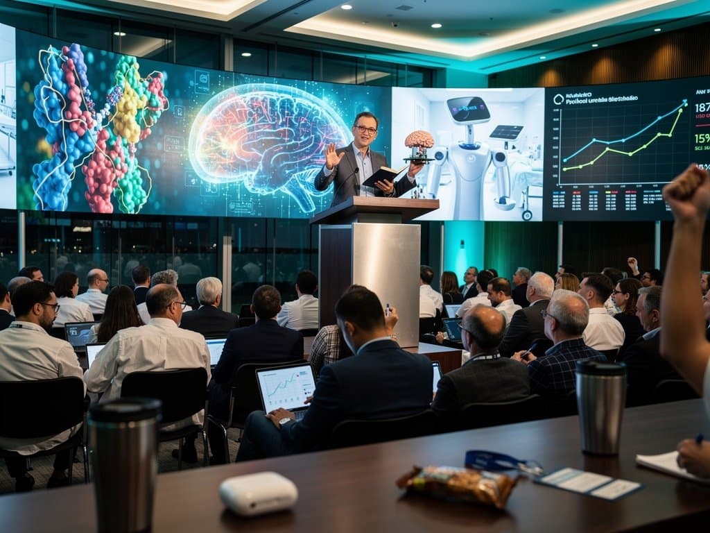 Sci-Fi-Buch mit holografischen KI-Medizin-Elementen in futuristischem Design