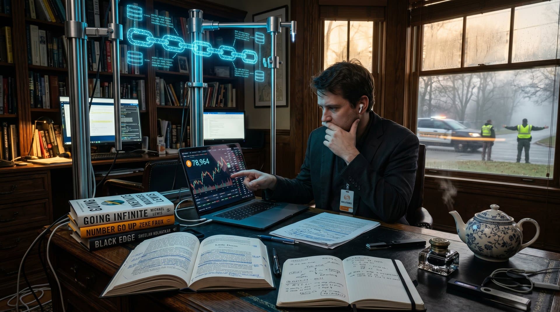 Dickens-Buch neben Bitcoin-Chart in viktorianischem Zimmer mit Krypto-Grafiken