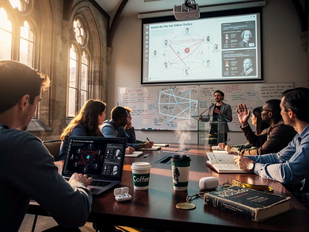 Seminarraum mit KI-Tools, Laptops und Literaturbüchern für Analyse und kreatives Schreiben