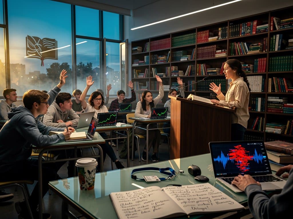 Abstraktes Klassenzimmer mit Buch, Mikrofon, Sprachwellen und Fear & Greed Index-Grafik bei 32 Punkten