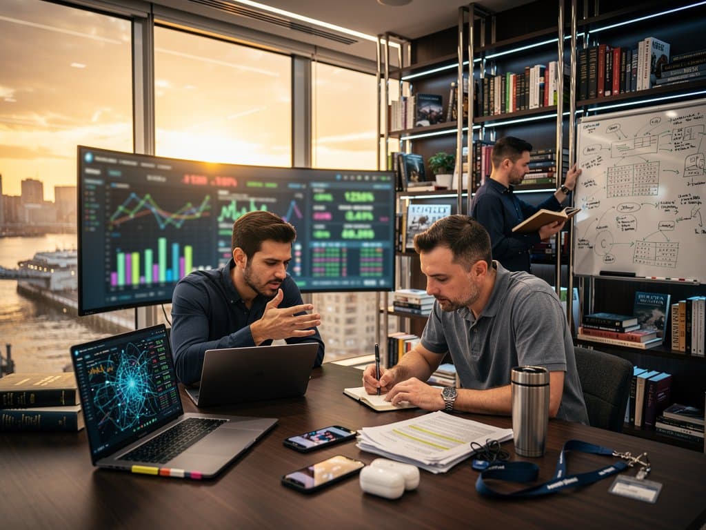 Tech-Lab in London mit KI-Code, Copyright-Büchern, Literatur und Themse-Blick