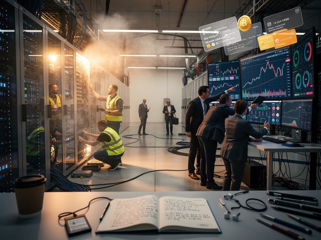 Engineer adjusts server rack in Winnipeg data center with blockchain monitors, Fear 46 charts and prairie cyberpunk vibe