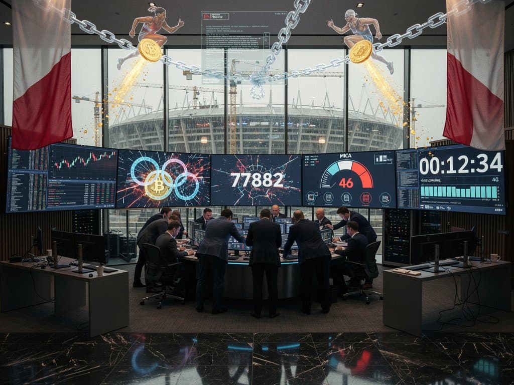 Dystopische Crypto-Charts mit Olympiaringen, Lem-Elementen und Fear & Greed bei 46