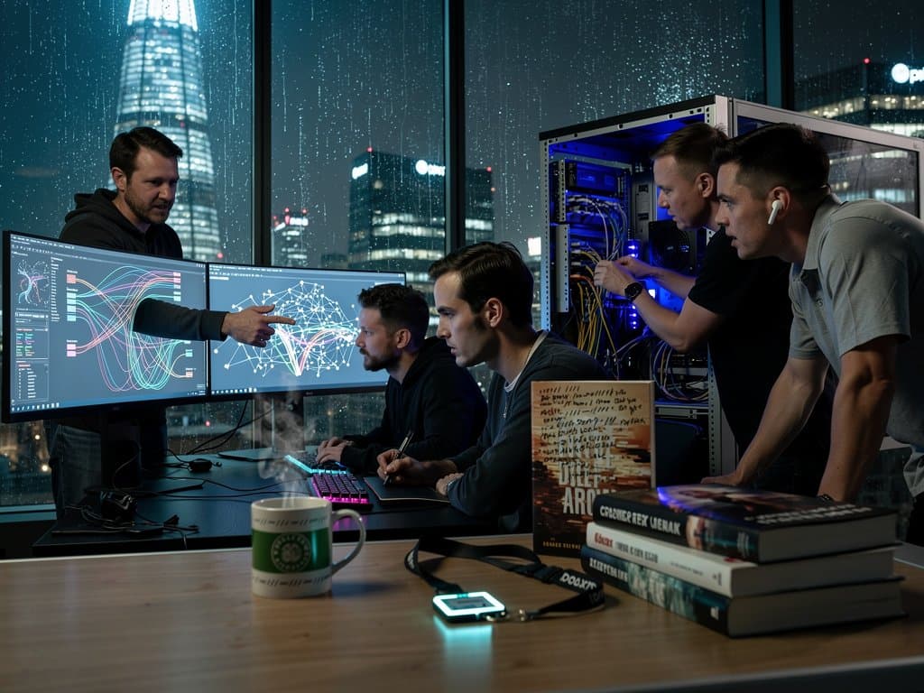 KI-Labor London: Monitore mit Code, Trainingsdaten, Buchstapel