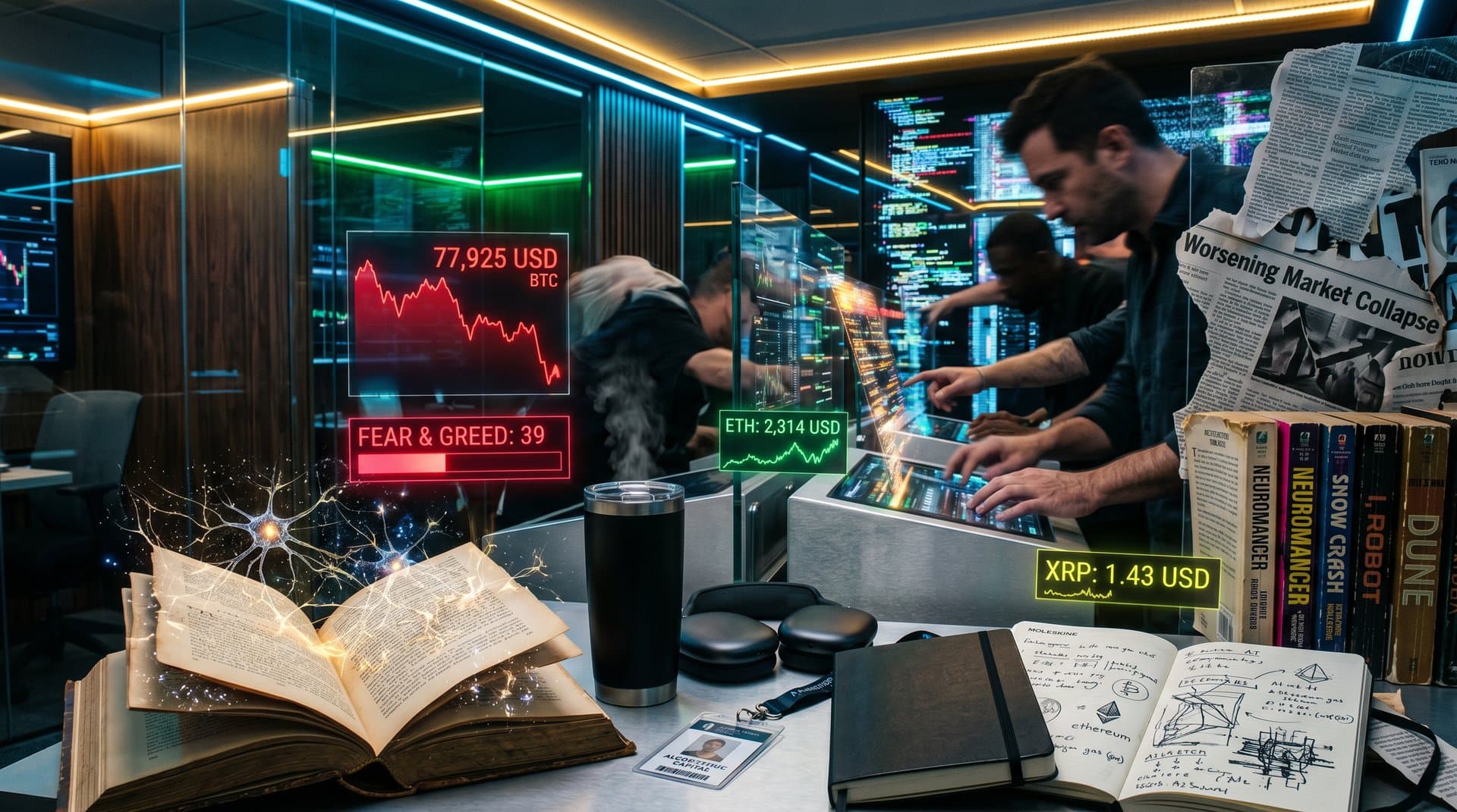 Sci-Fi-Buch mit KI-Netzen, Crypto-Charts und WSJ-Zitaten in dystopischer Neon-Atmosphäre