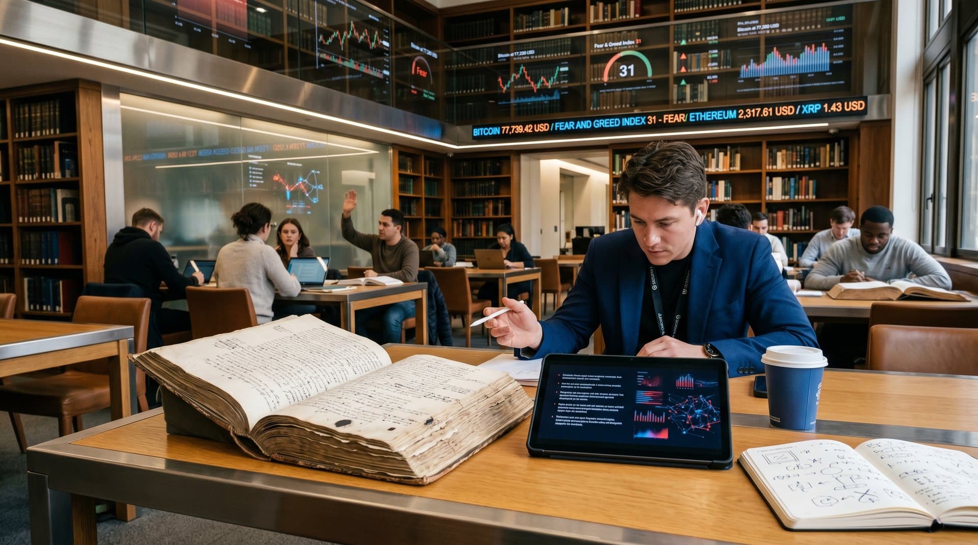 Offenes Buch mit Marginalien neben AI-Zusammenfassung und Crypto-Charts in moderner Bibliothek