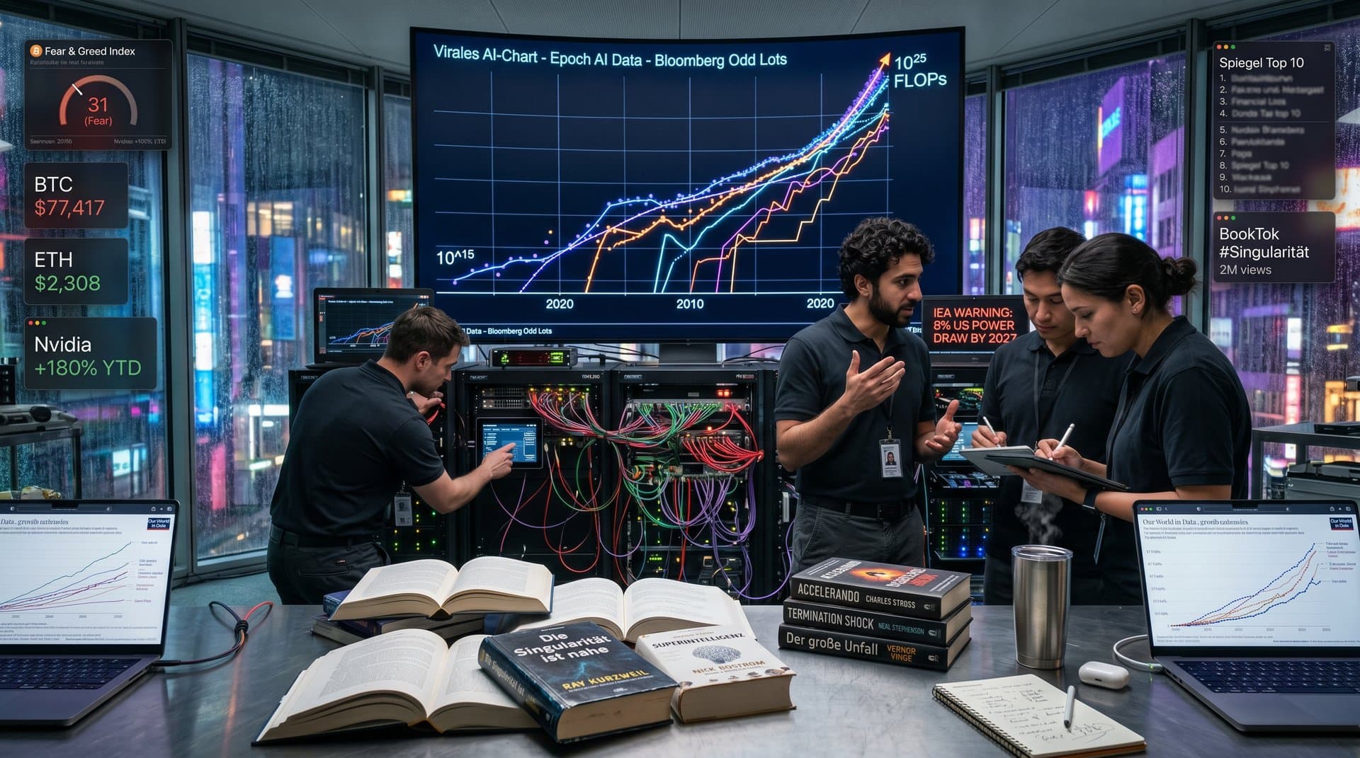 Logarithmische AI-Compute-Charts in abstraktem Tech-Labor mit Servern und Neon-Displays