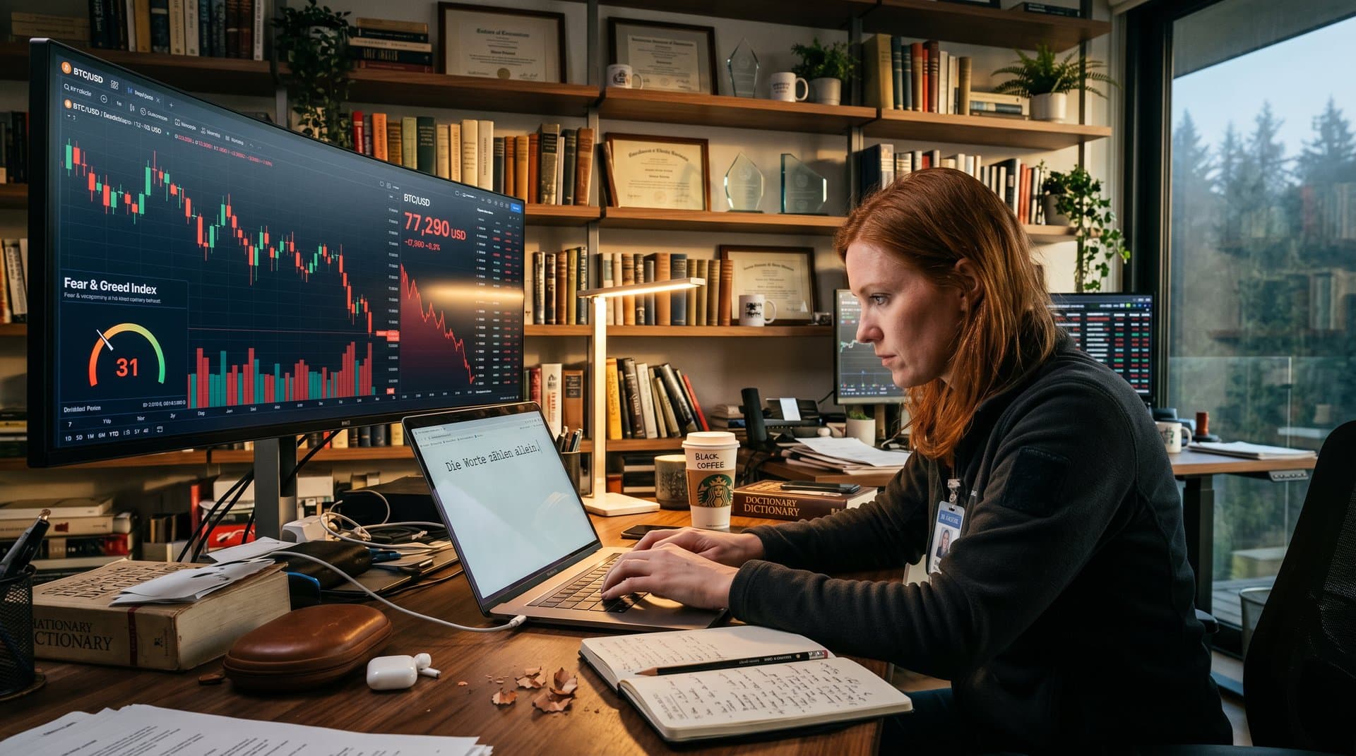 Minimalistisches Schreibsetup mit Plain Text Editor, Hemingway-Buch und BTC-Chart bei 77.290 USD, Fear 31