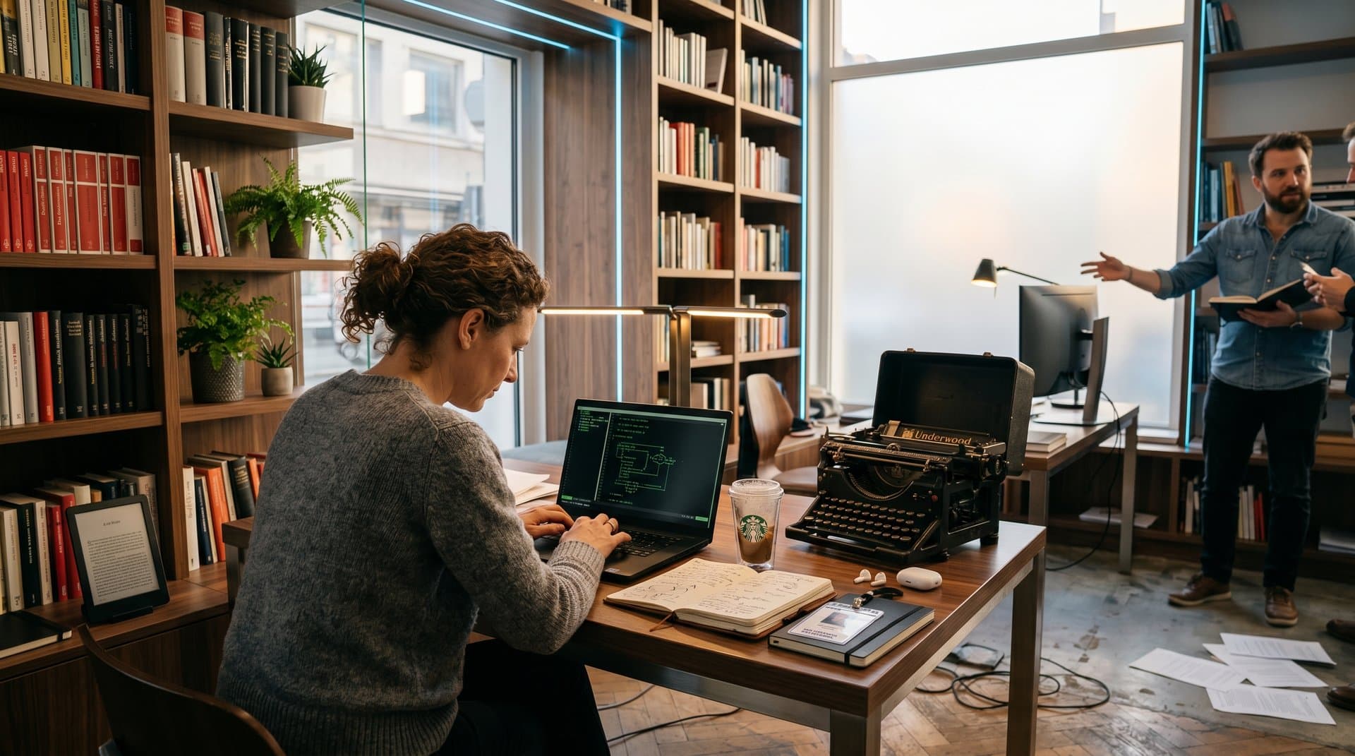 Minimalistisches Schreibstudio mit Laptop, ASCII-Art und Plain-Text-Editor