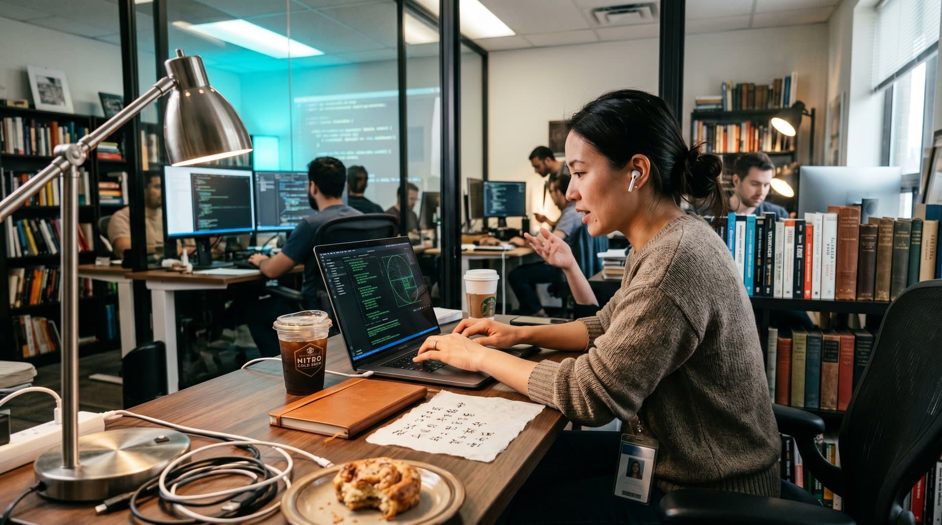 Laptop mit poetischem AI-Code, Buch und Kaffee in literarischem Atelier