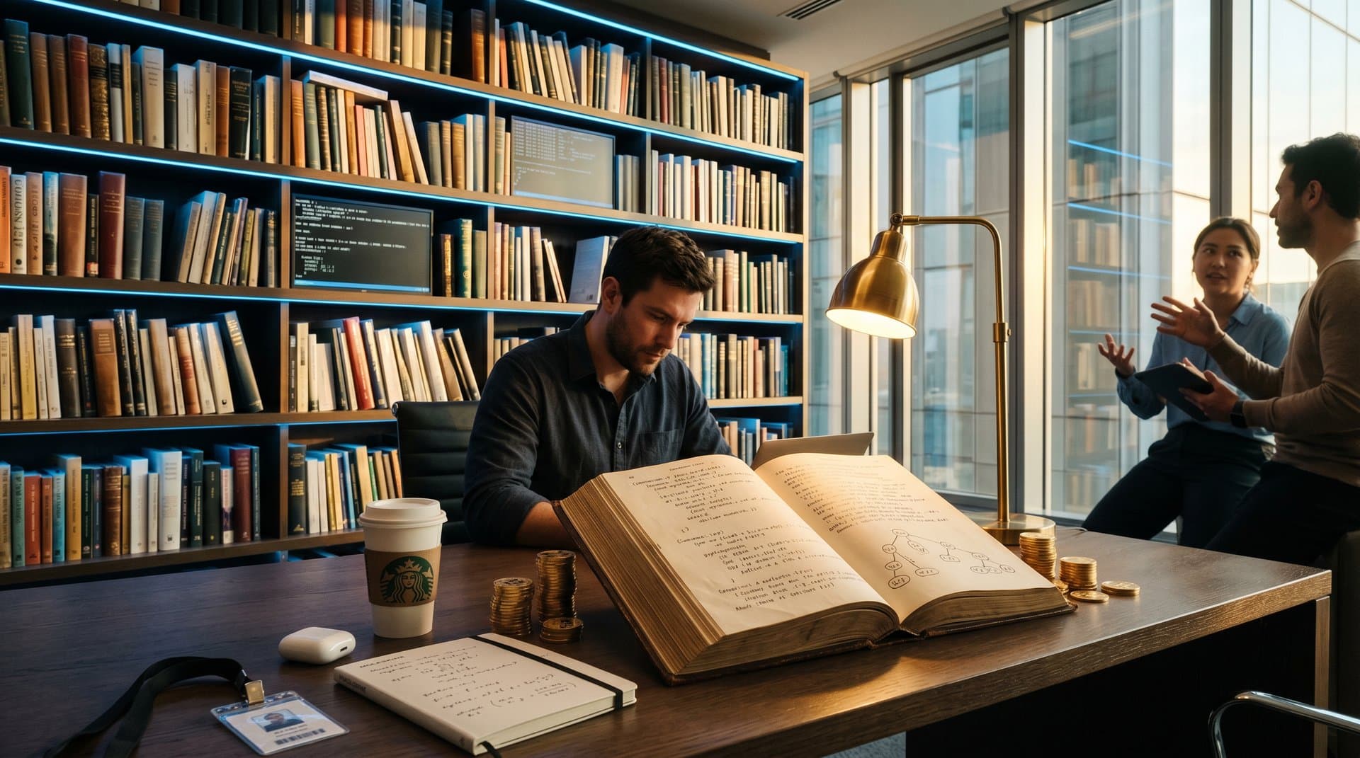 Offenes Buch mit Lisp-Code und Coalton-Typen neben BTC-Münzen in literarischer Bibliothek