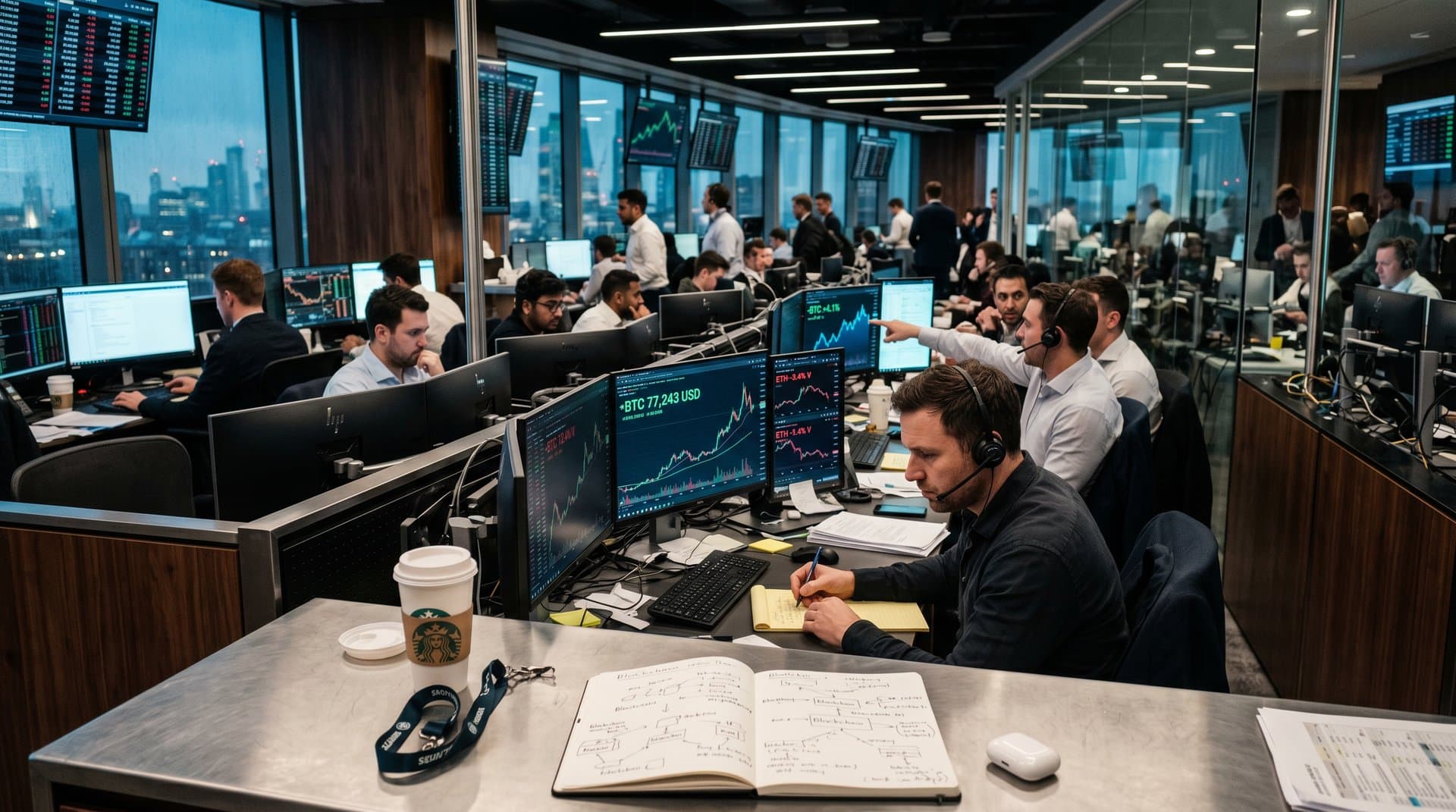 Büro-Simulakrum mit Krypto-Charts und Baudrillard-Büchern in hyperrealer Neon-Atmosphäre