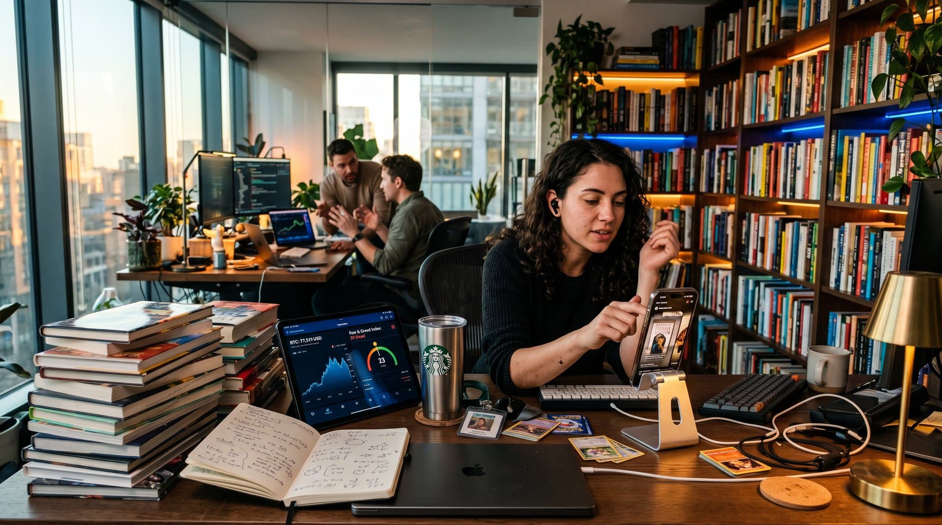 BookTok mit KI-Büchern, Crypto-Charts und physischen Romanen in tech-Stil