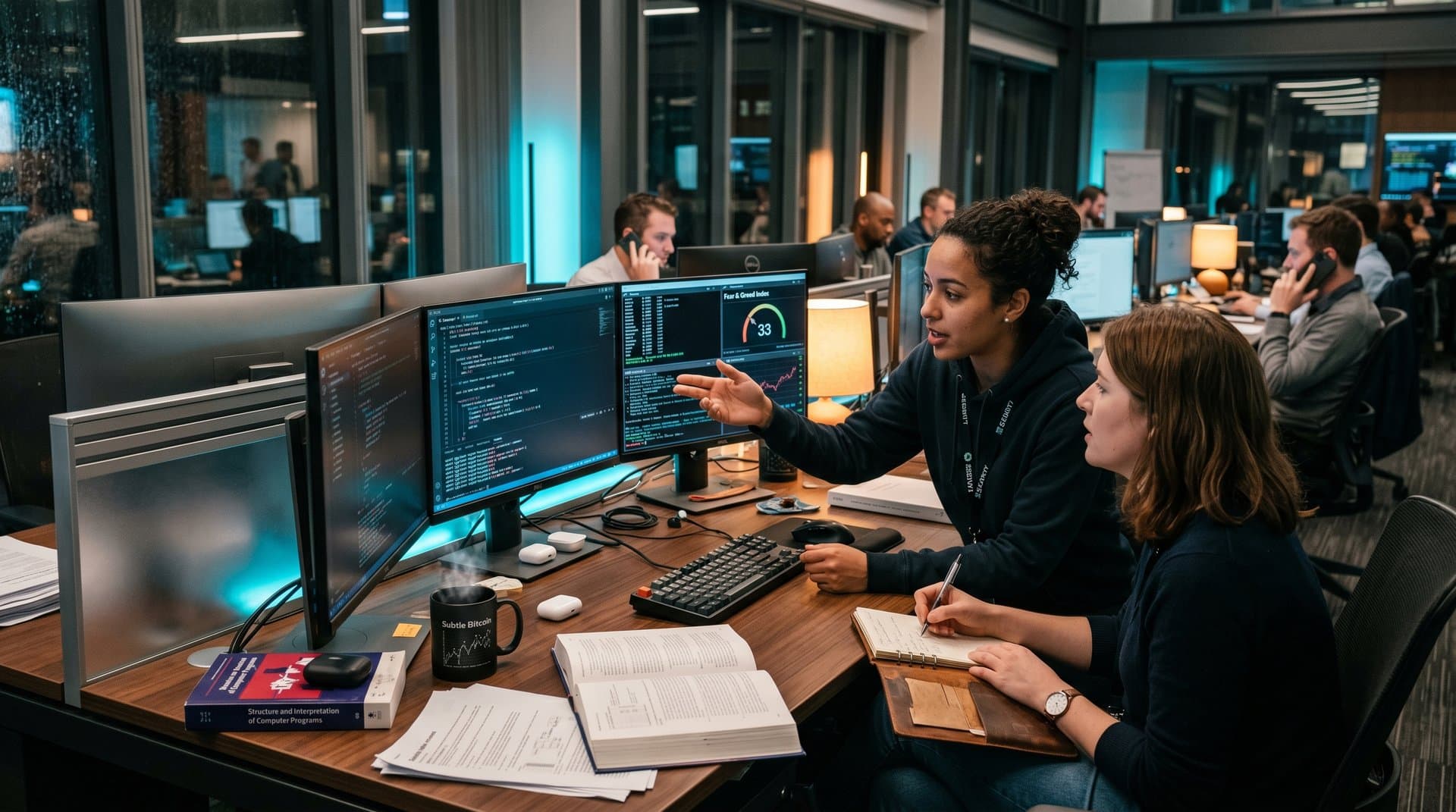 Dunkle Mine IDE mit Lisp-Code, poetischen Büchern und Crypto-Elementen auf Schreibtisch (78 chars)