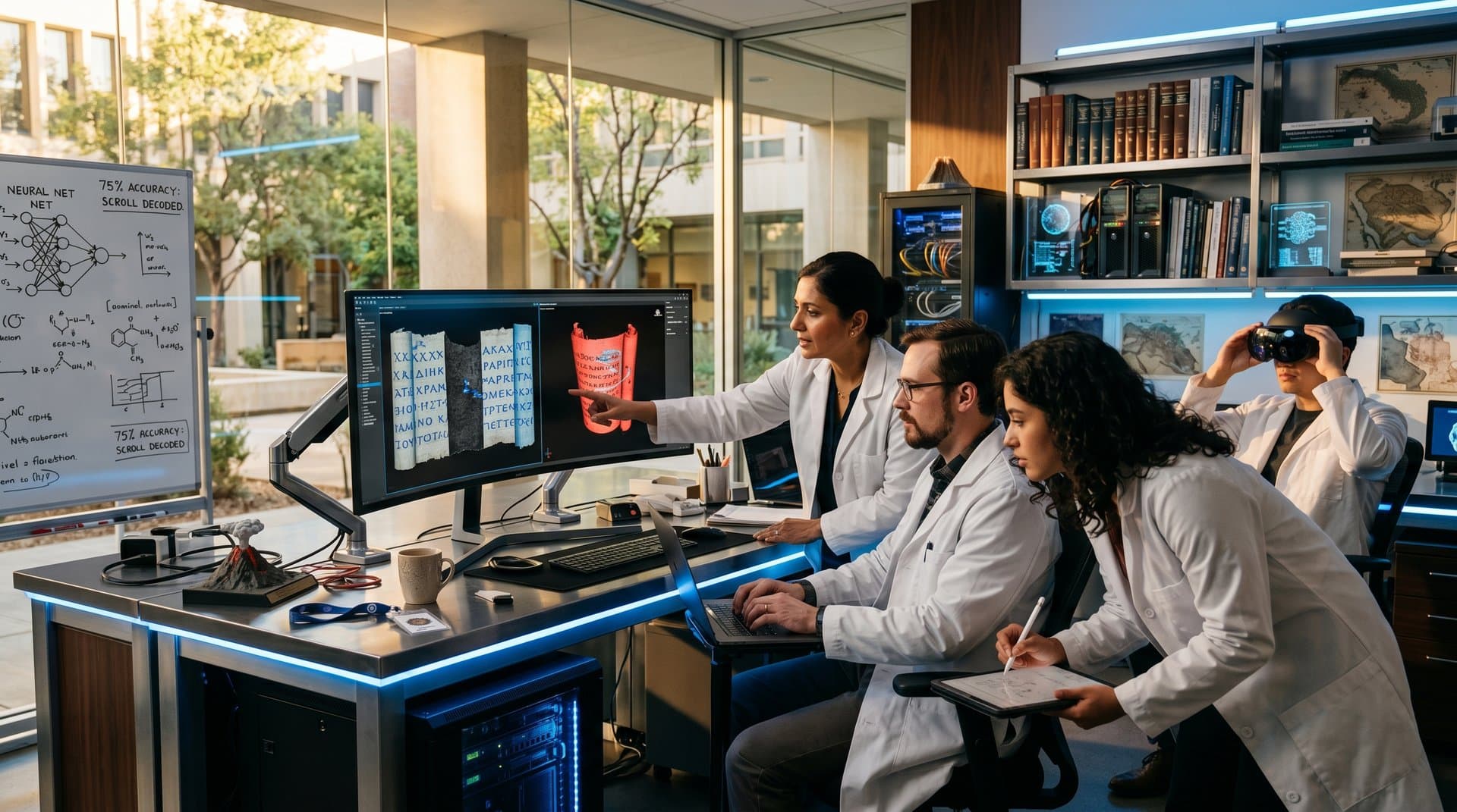 CT-Scans eines antiken verkohlten Papyrus mit KI-rekonstruierten griechischen Texten in modernem Labor