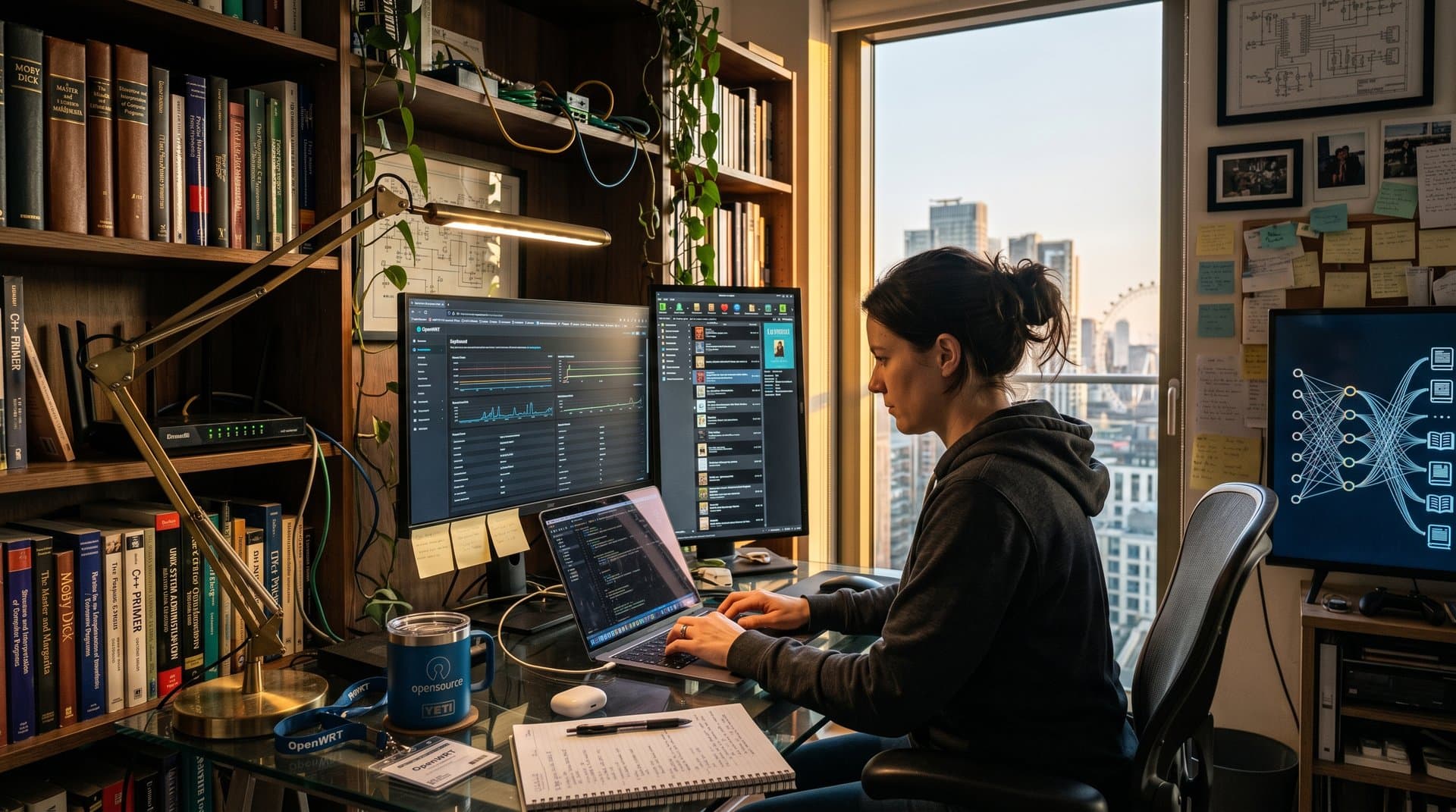 Heim-Büro mit Router, OpenWRT-Laptop, Calibre-Software und Bücherregalen für DIY-Digitalbibliothek