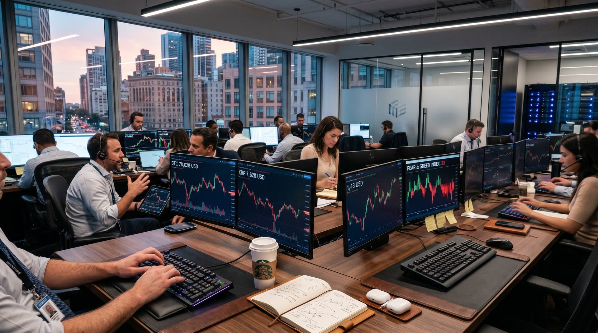Trading-Halle mit Krypto-Charts BTC 78k USD, XRP 1,43 USD und Fear & Greed Index