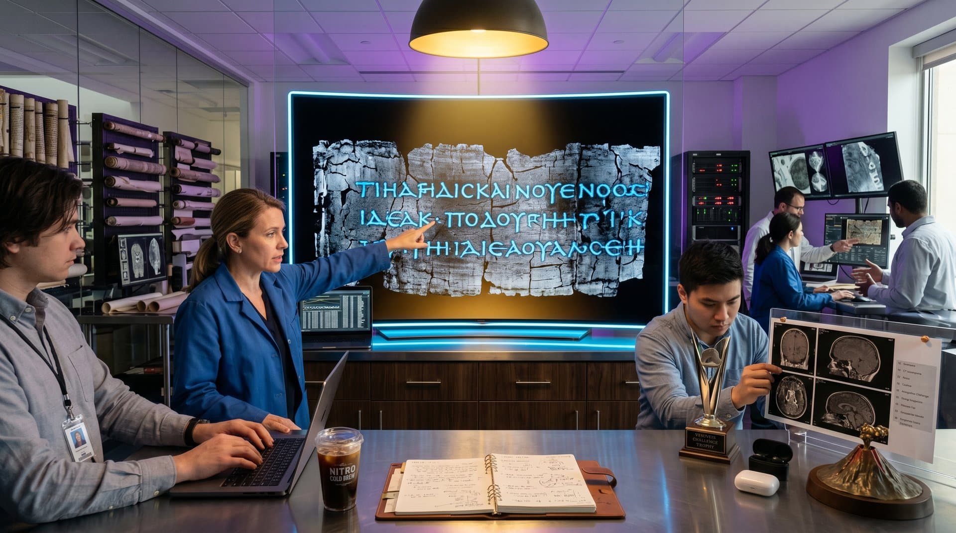 3D-Rekonstruktion verbrannten Papyrus mit KI-entschlüsselten griechischen Buchstaben in Forschungslabor