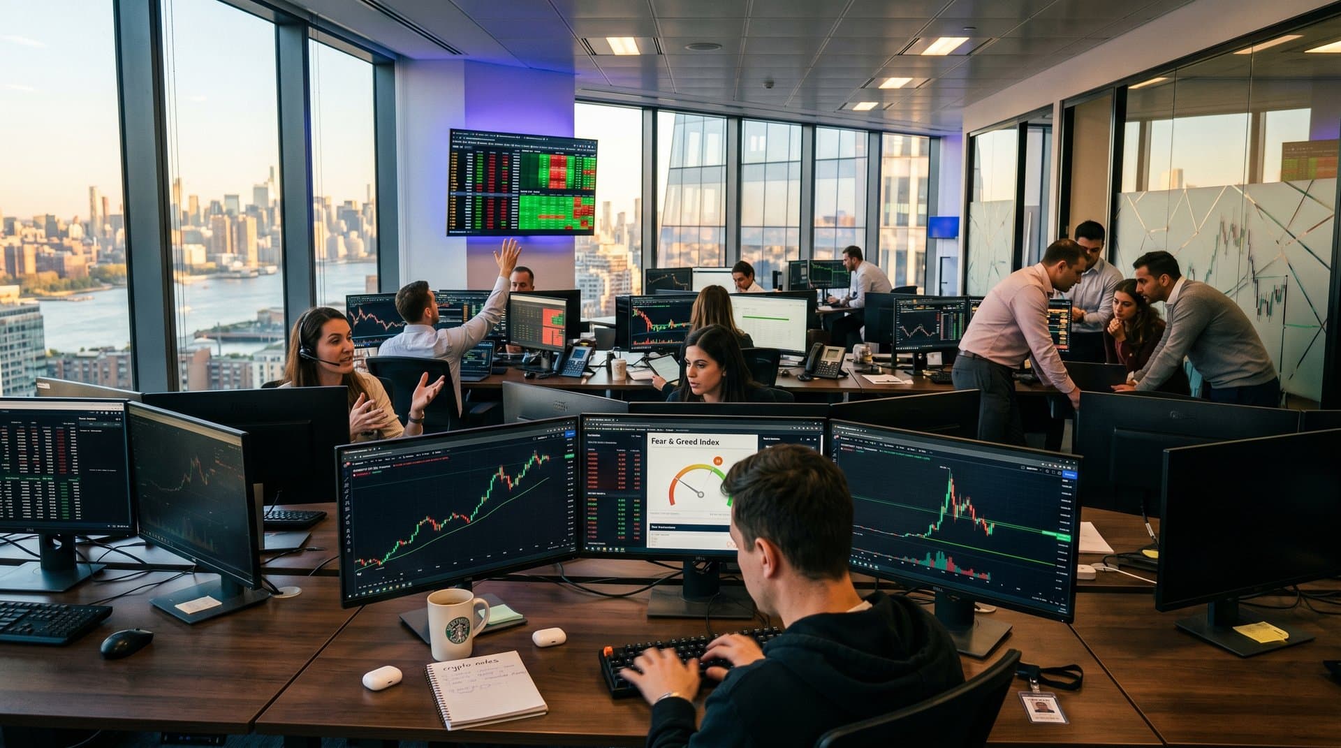 Tradingbüro mit Monitoren, die USDT bei 1,00 USD, BTC und Fear & Greed Index zeigen