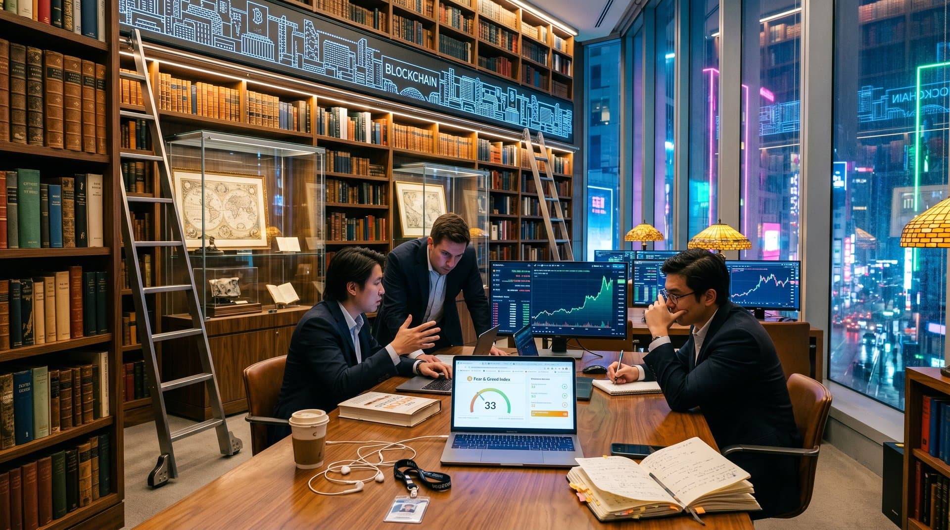 Bibliothek mit Crypto-Charts: Sichere Kryptowährungen BTC bei 78k USD, Fear Index 33, klassische Bücher und Trading-Monitore