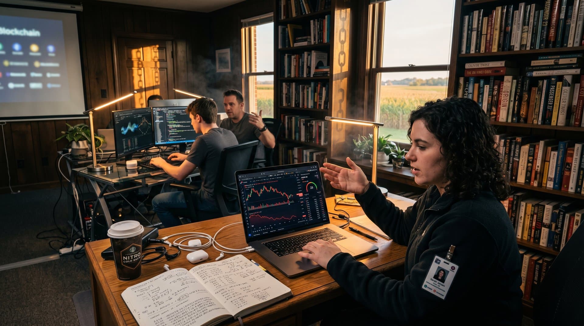 Bibliothek mit Crypto-Charts und Thriller-Büchern, Fear & Greed Index, Licking County Noir-Atmosphäre