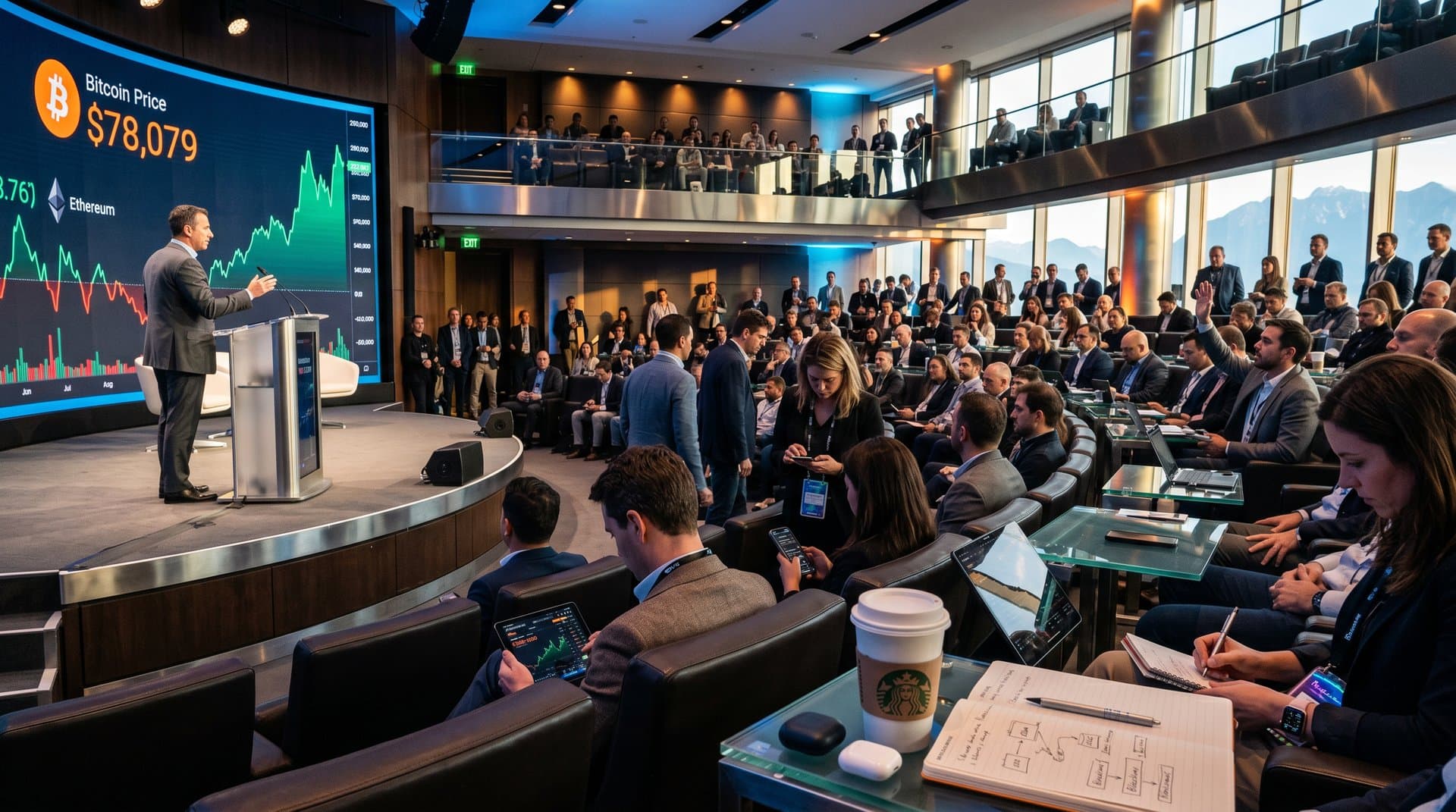 Crypto-Konferenzbühne mit Speaker, LED-Charts zu BTC und ETH, networking Publikum und Terminals