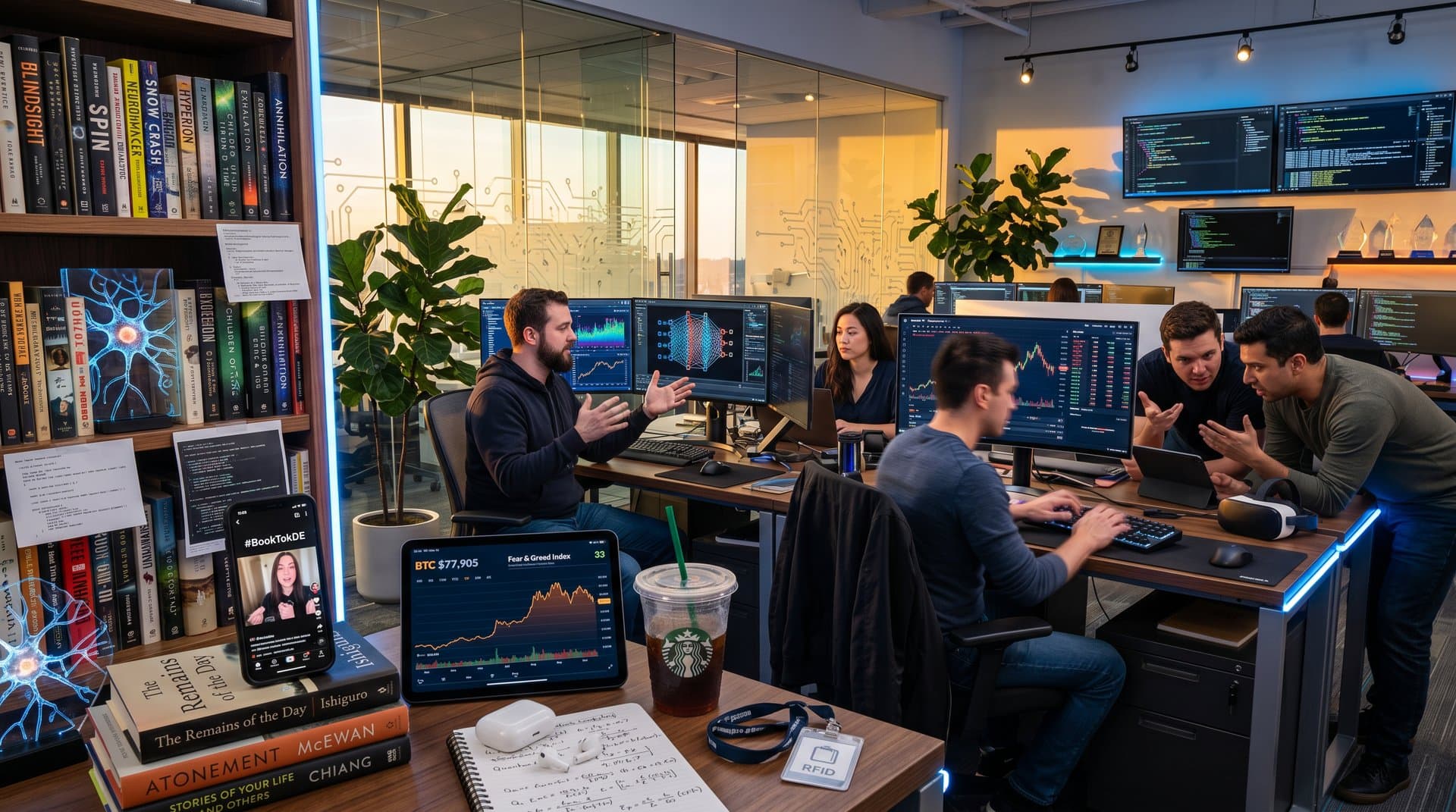 Futuristisches Tech-Büro mit KI-Literatur, BookTok-Video, Crypto-Charts und Bücherstapeln bei Dämmerung