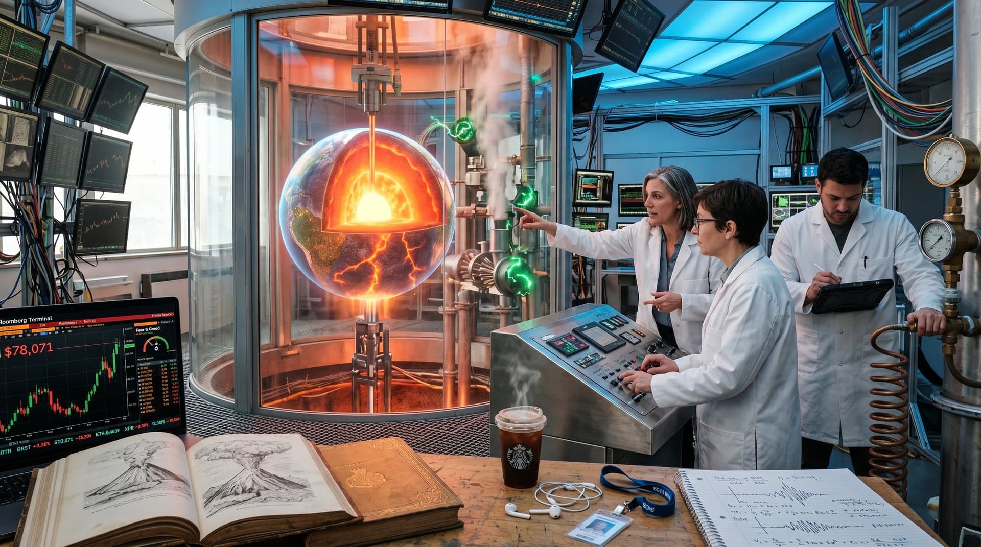 Geothermie-Labor mit Erdkern-Querschnitt, Verne-Buch und BTC-Chart auf Bloomberg-Terminal