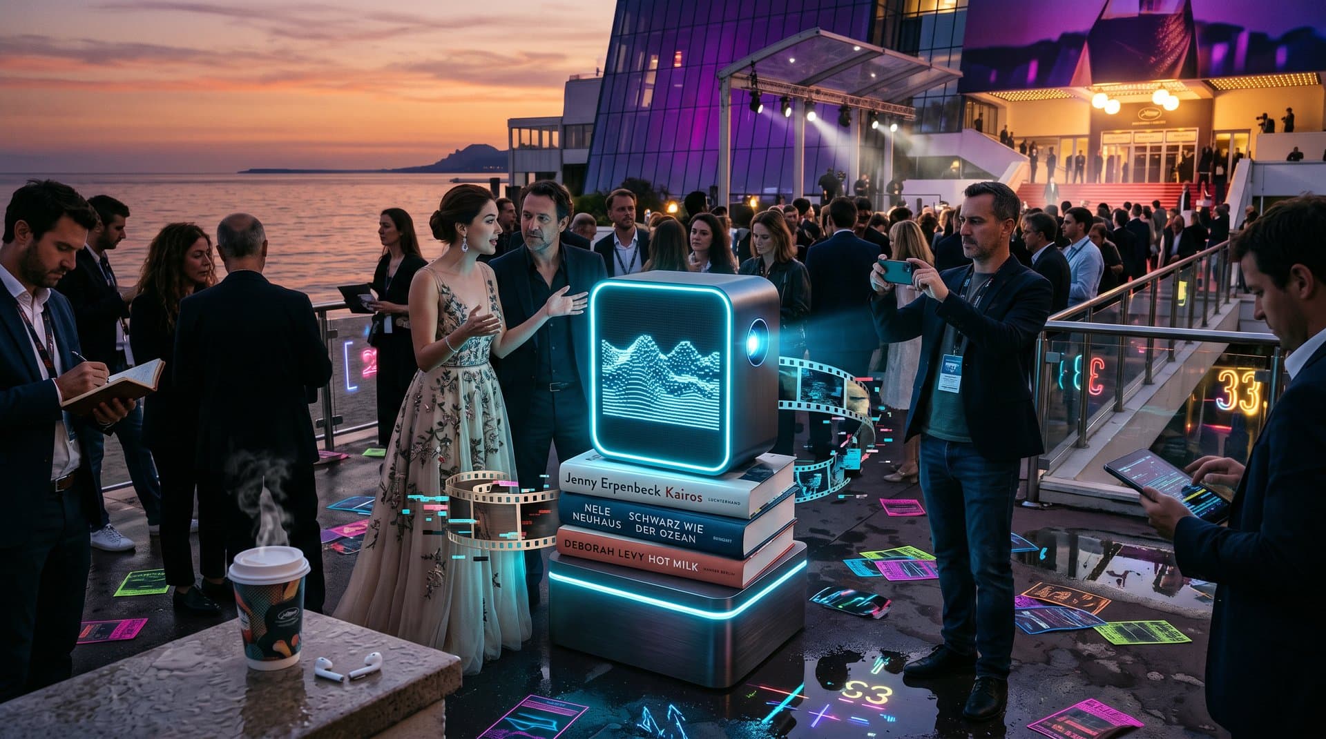 KI-Projektor am Cannes-Strand projiziert Wellen auf Bücherstapel mit Filmfestival-Hintergrund