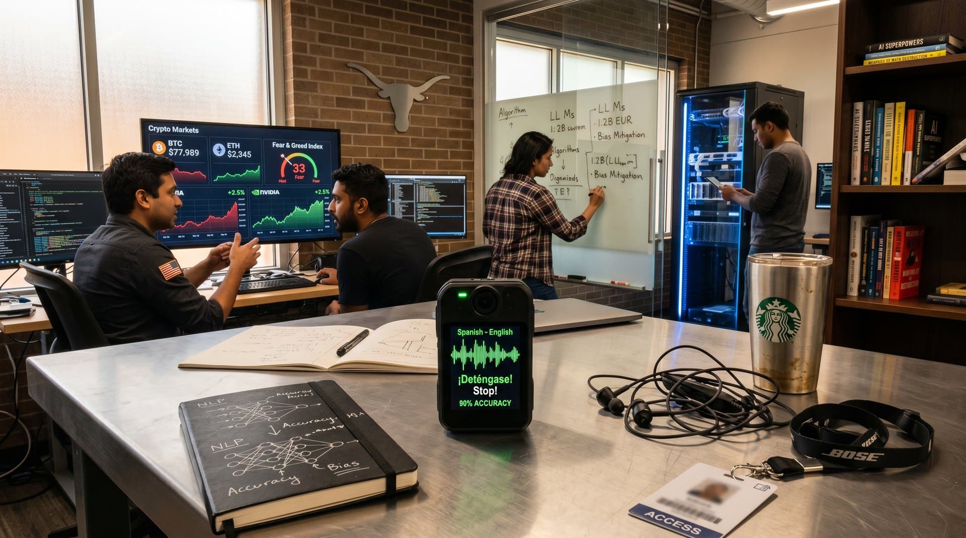 Bodycam-Prototyp mit AI-Übersetzung, Crypto-Charts und Literatur im Tech-Labor