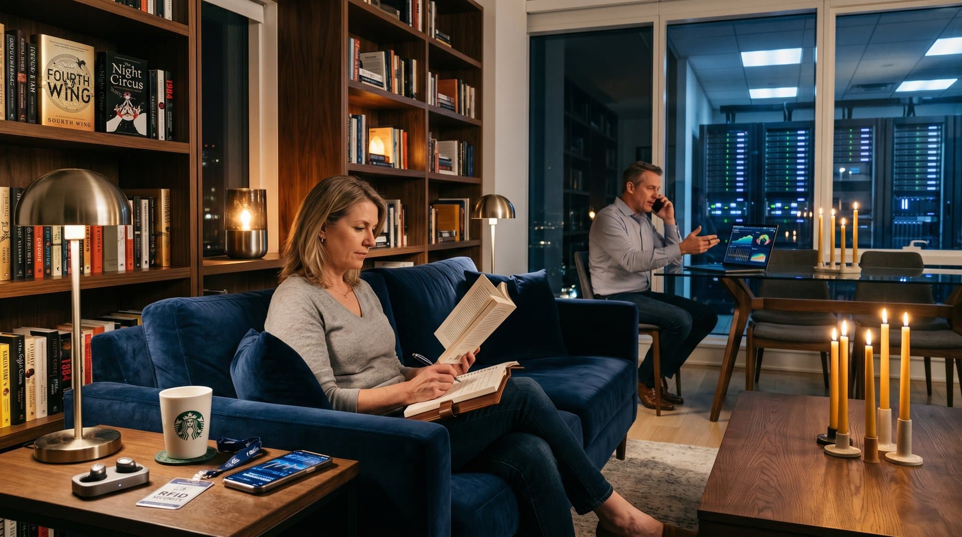 Kerzenlicht-Lesen mit AI-Data-Center im Hintergrund