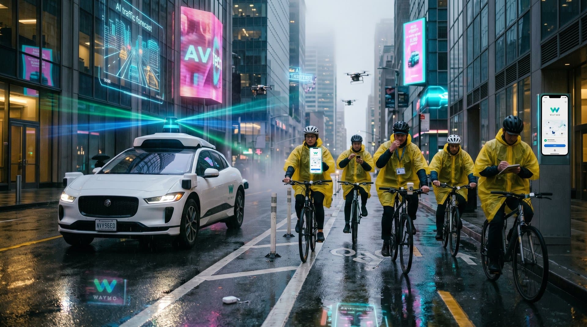 Waymo-Taxi scannt Fahrradweg mit Lidar in regnerischer Stadt, cyberpunk-Stil