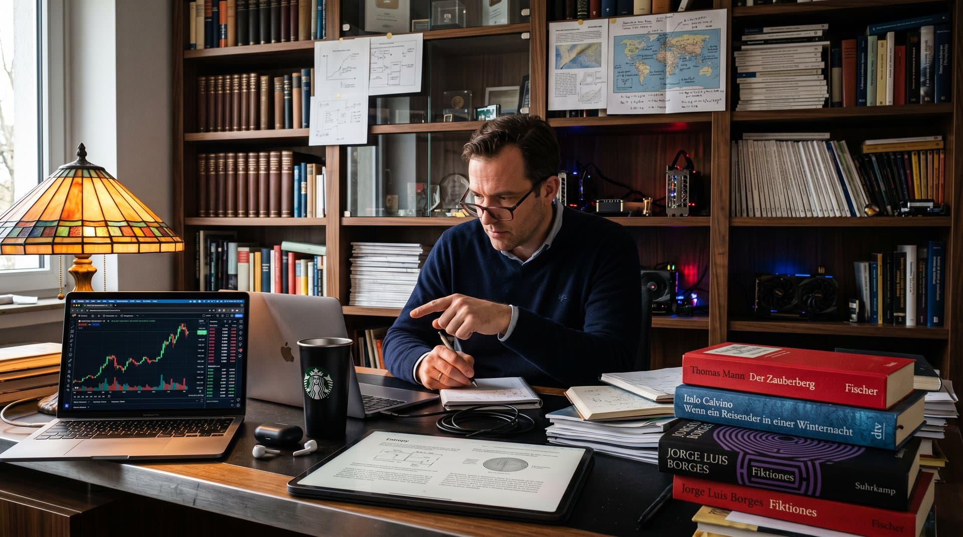 Thermodynamik-Lehrbuch auf Regal mit Crypto-Charts und literarischen Büchern in Home-Library