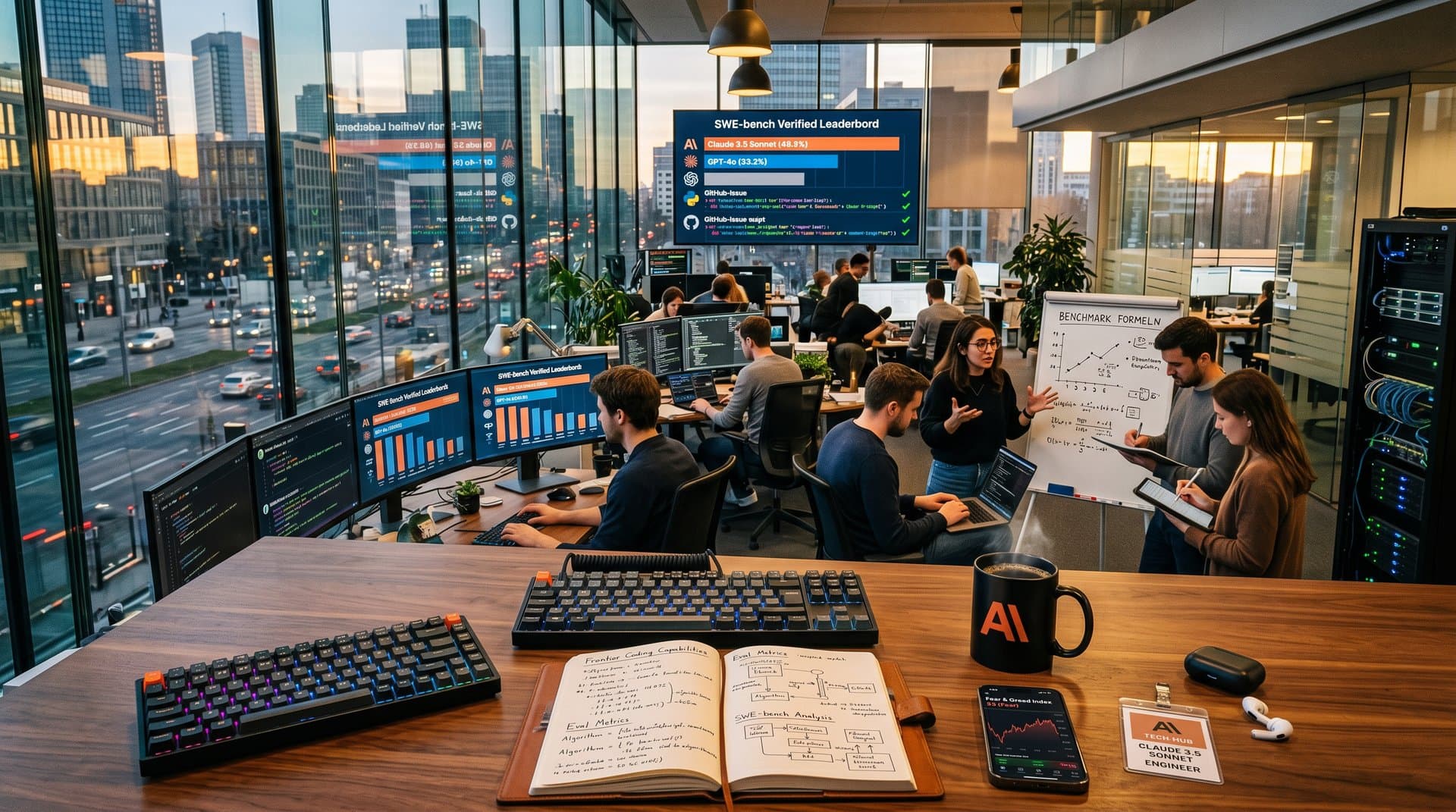 AI-Forscher analysieren SWE-bench Verified Coding-Benchmarks in modernem Tech-Büro mit Leaderboards, Code und Crypto-Charts