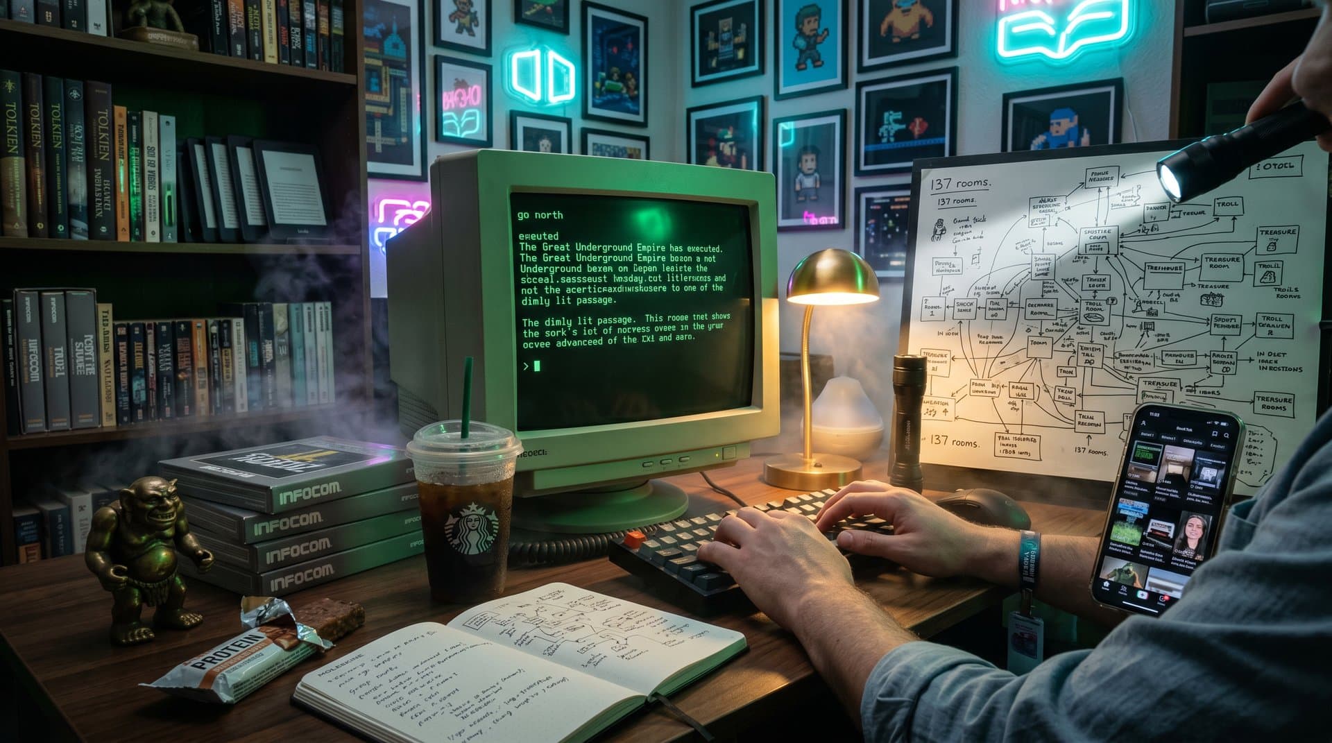 Vintage Computer mit Zork-Textadventure, detaillierter Labyrinthkarte und BookTok-Smartphone in retro Bibliotheks-Ambiente mit Neonlichtern
