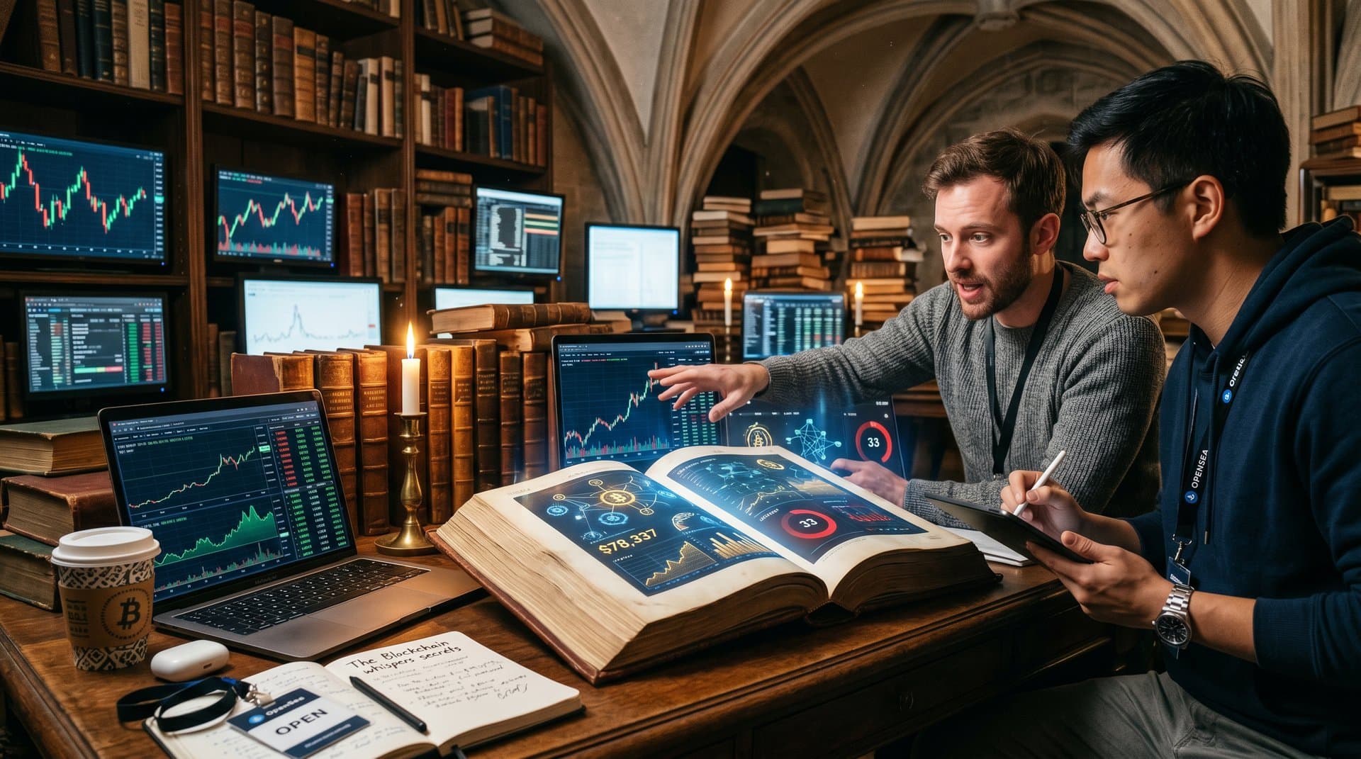 Mysteriöses Buch mit NFT-glühenden Seiten, Blockchain-Elementen, Crypto-Charts bei BTC 78.337 USD und Fear 33 in literarischer Atmosphäre