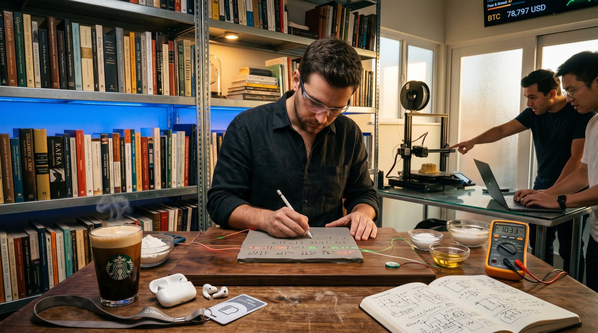 Leuchtende Keilschrift-Circuits aus Ton mit LEDs auf Werkbank mit Büchern und Crypto-Chart