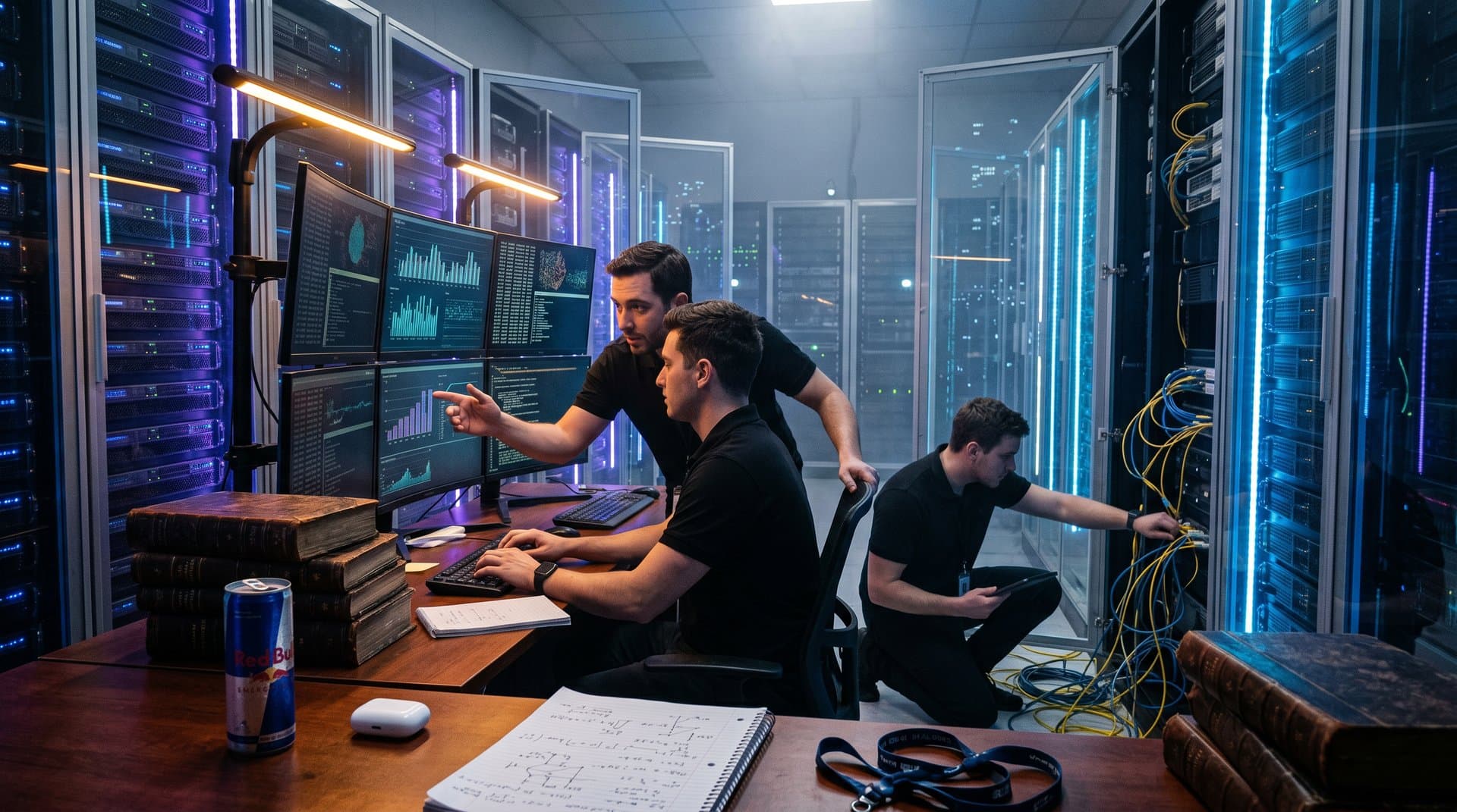 Linux-Timestamps auf Monitoren in Serverraum mit digitalen Manuskripten und Büchern