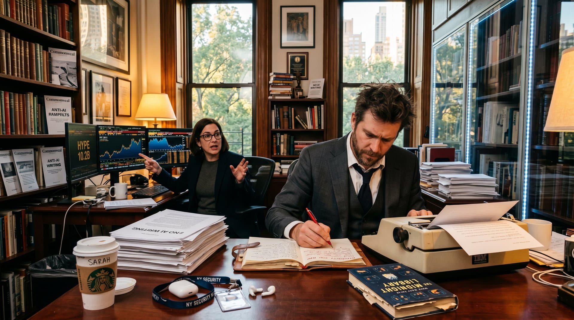 Intellektuelles Büro mit Commonweal-Manifest gegen KI, BookTok-Bildschirm und Crypto-Charts im Hintergrund