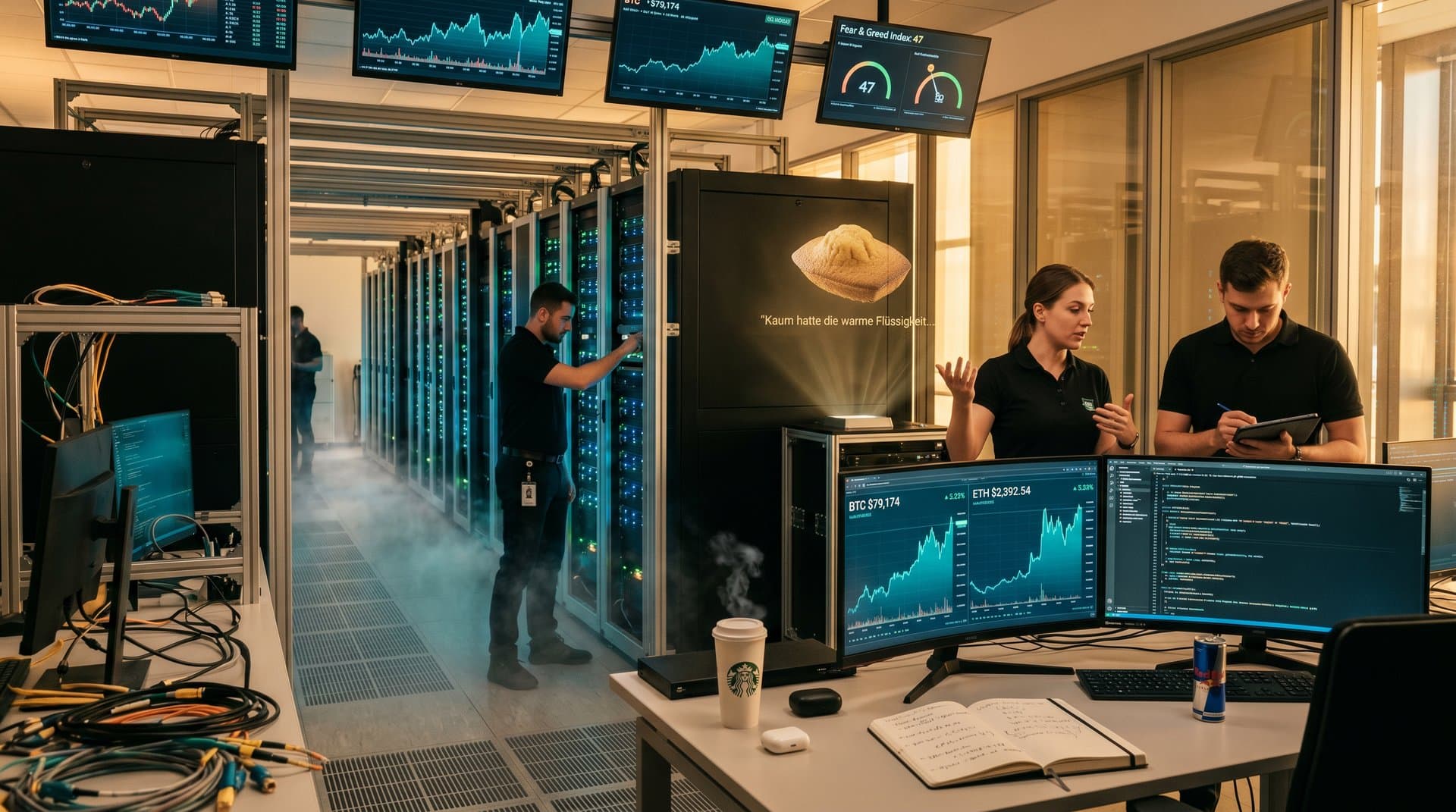 Futuristisches Data Center mit Linux-Timestamps, Crypto-Charts und Proust-Madeleine-Referenz