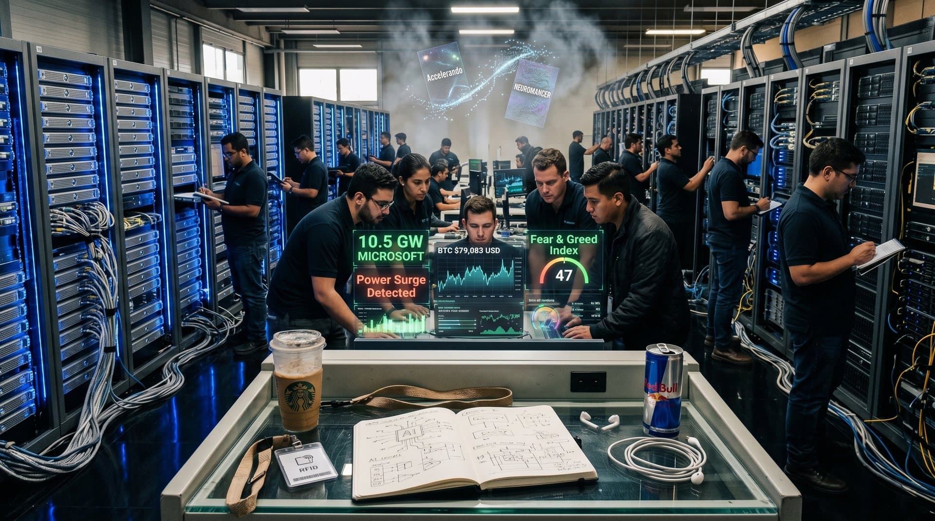 Futuristisches Data-Center mit Server-Racks, neonblauen Lichtern, Energie-Diagrammen und Sci-Fi-Büchern