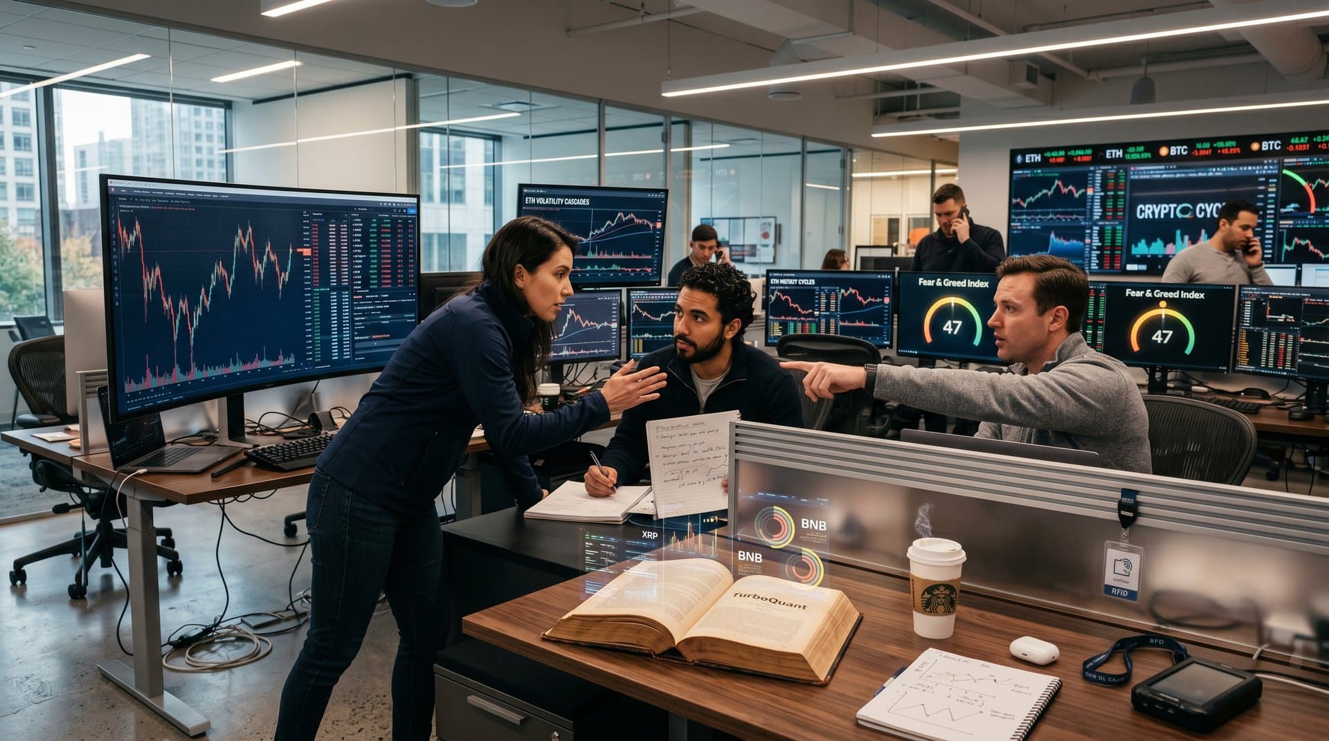 Offenes TurboQuant-Buch mit Hero's Journey-Karte, Krypto-Charts und BookTok-Neon-Ästhetik