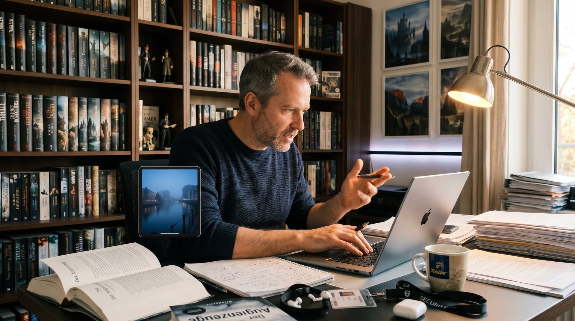 Schreibender Autor mit KI-generierten Story-Welten auf Laptop in literarischem Arbeitszimmer