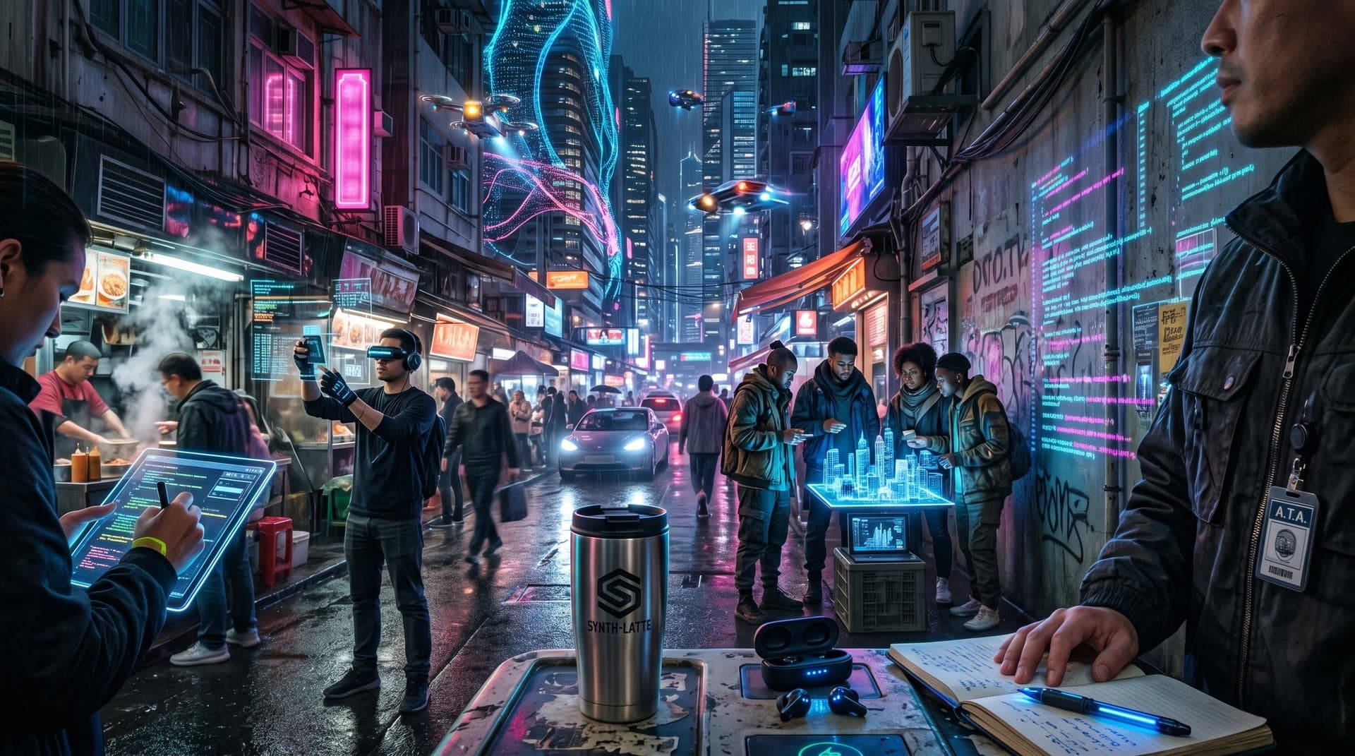 Algorithmische KI-Stadt mit Neonlichtern und Datenströmen in Cyberpunk-Stil