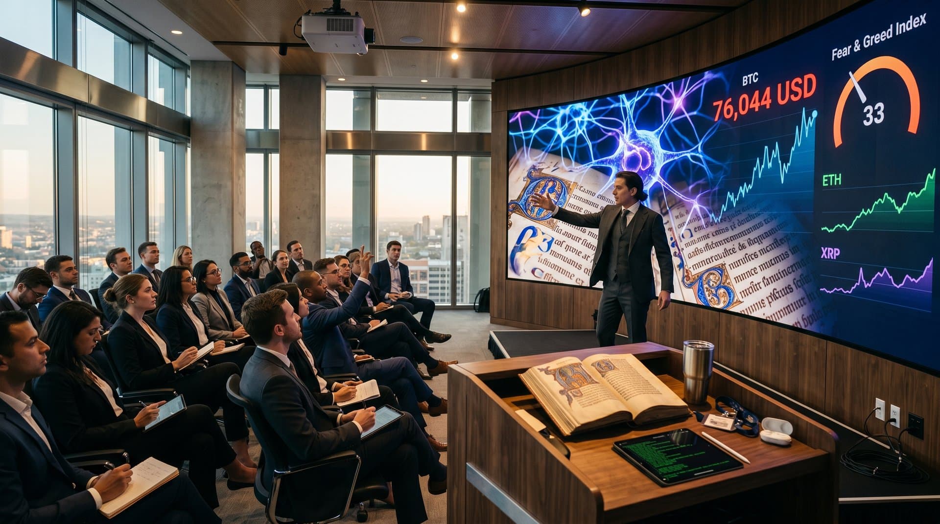 Antikes Buch mit Parabeln, die zu KI-Netzwerken und Crypto-Charts werden, Renaissance-Cyberpunk-Stil