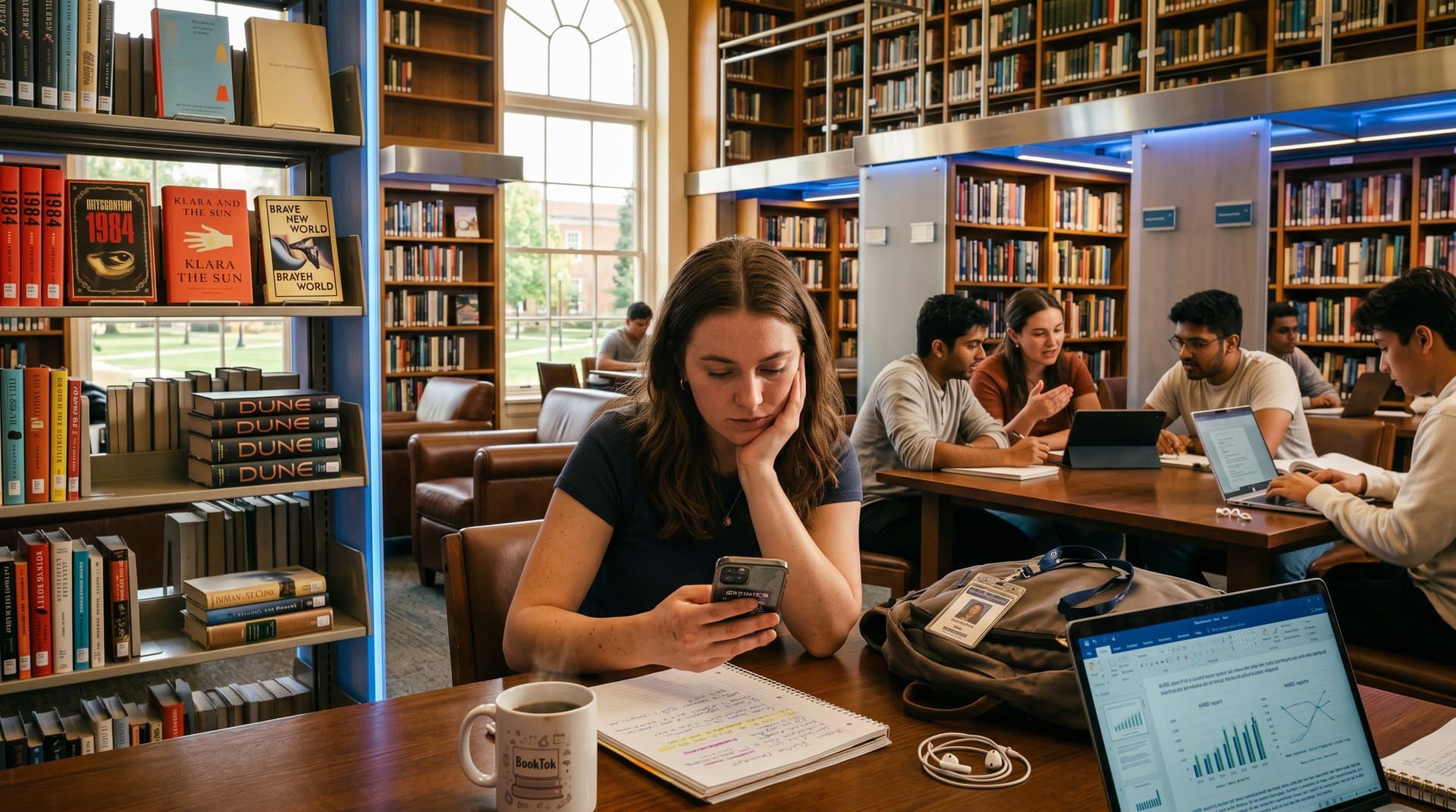 Studentin in Bibliothek mit BookTok und Dystopie-Büchern